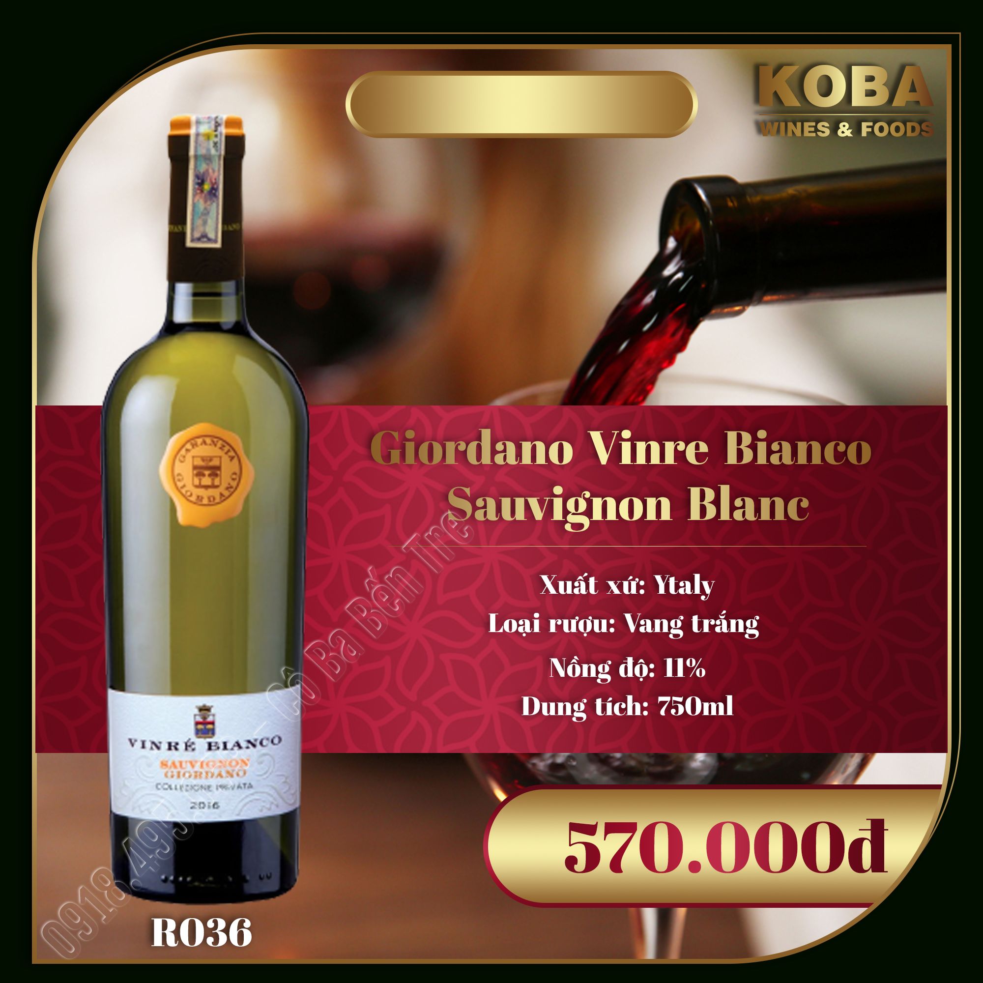 Rượu Vang Trắng Ý - Giordano Vinre Bianco Sauvigrnon Blance - 11 độ