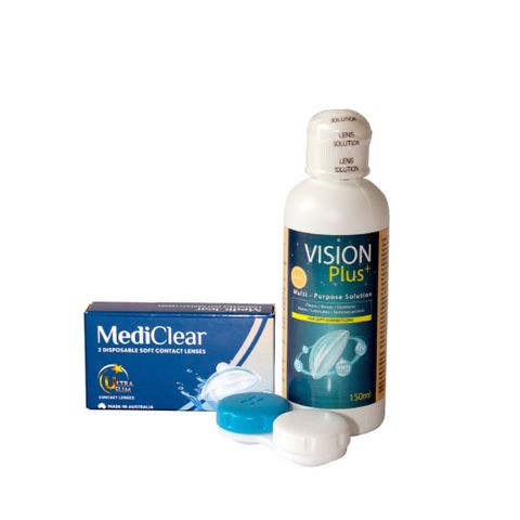  [COMBO A] Một Cặp Kính Áp Tròng Australia Cận Thị Mediclear 3 Tháng + Nước Ngâm 150 ml 