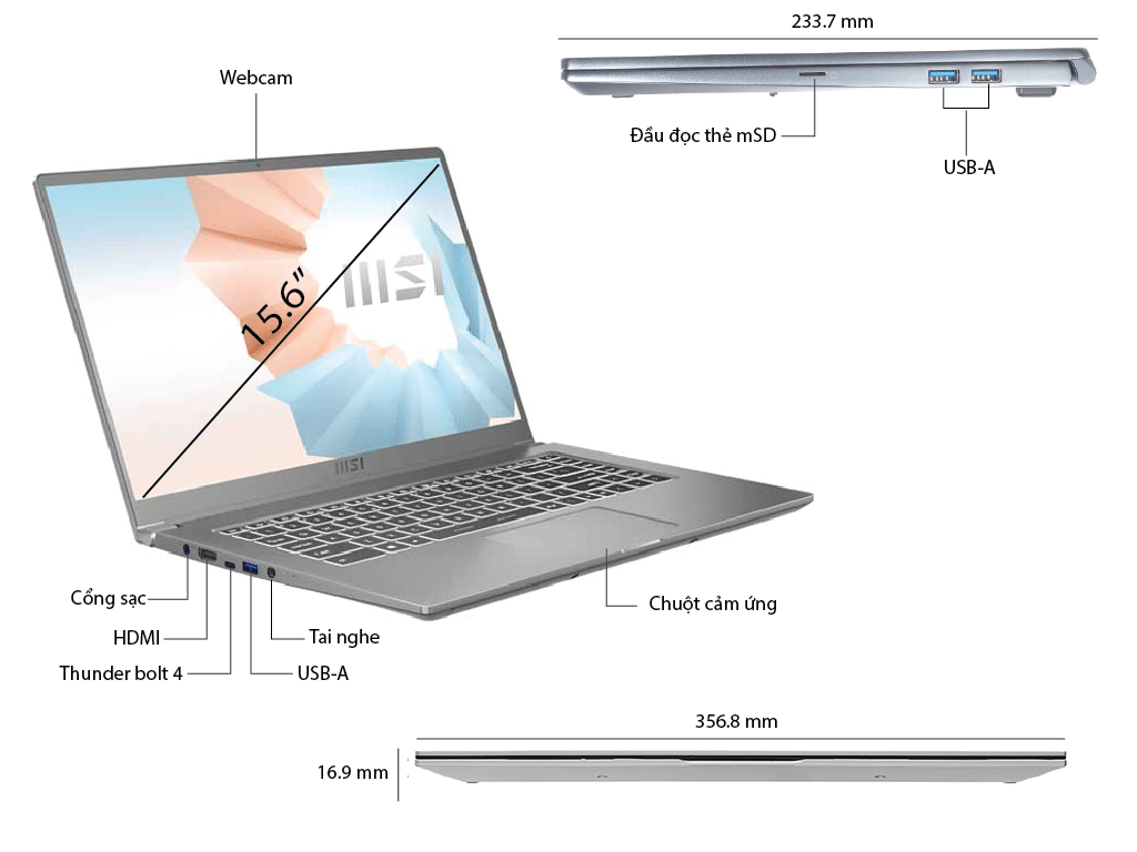 Laptop MSI Modern 15 (A11MU) (i5 1155G7/8GB RAM/512GB SSD/15.6inch FHD/Win10/Xám)