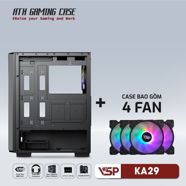 CASE VSP GAMING KA29- Black + 4Fans Led