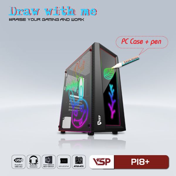 Case gaming kèm bút vẽ dạ quang P18+ (3 Fan)