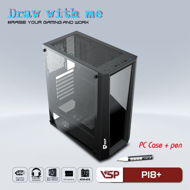 Case gaming kèm bút vẽ dạ quang P18+ (3 Fan)