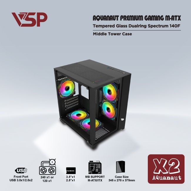 Vỏ case VSP X2 AQUANAUT PREMIUM GAMING M-ATX (ĐEN) Tặng 5 Fan + Hub điều khiển led