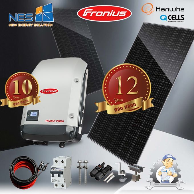 Trọn gói 12 tấm pin mặt trời Hanwha Q cell + Inverter Fronius Primo 1 Pha