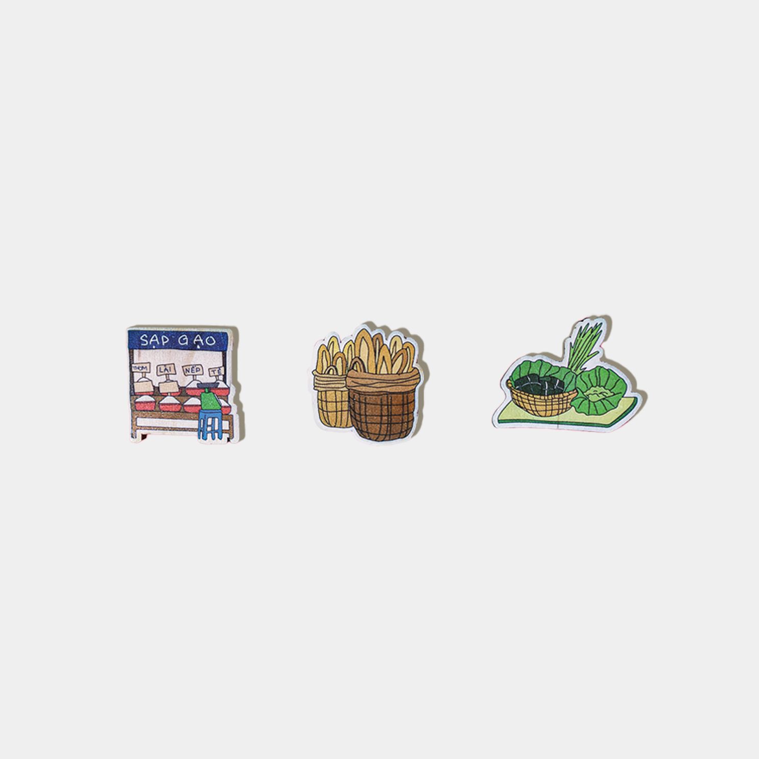 Wooden Magnet - Sạp gạo, Rổ bánh mì, Rổ rau