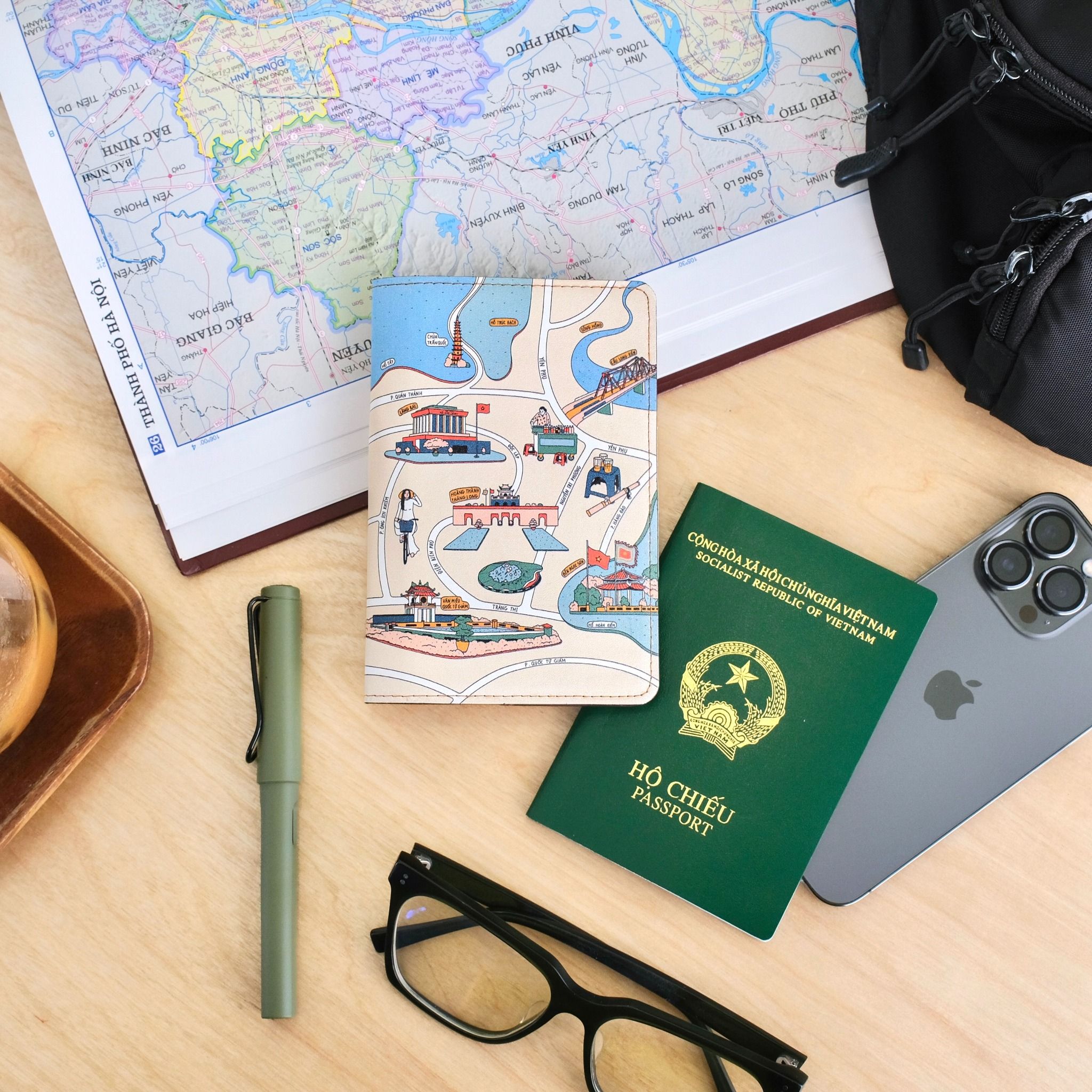 Leather Passport Holder - Hanoi Map