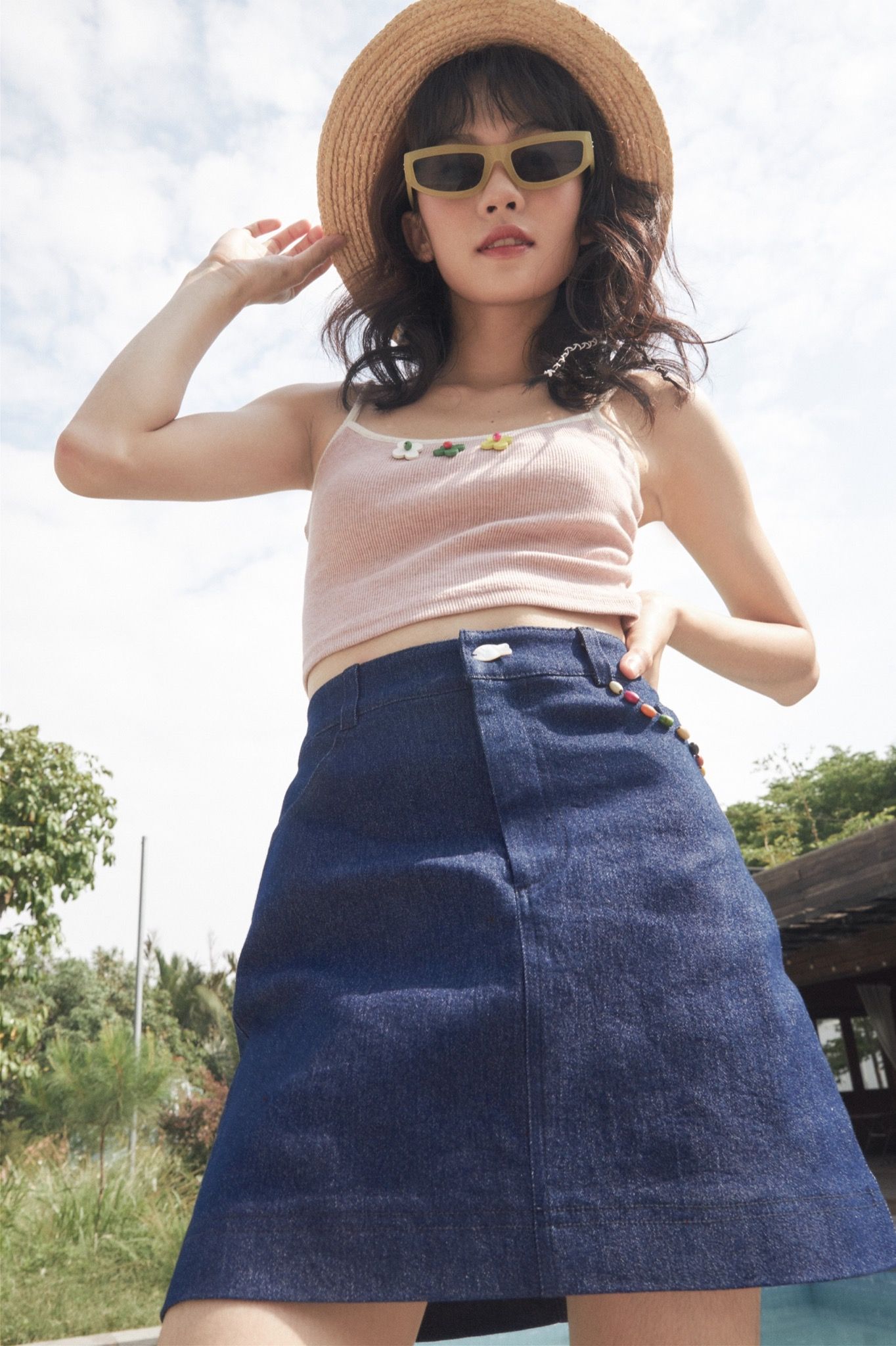 Denim Mini Skirt With Wooden Beats