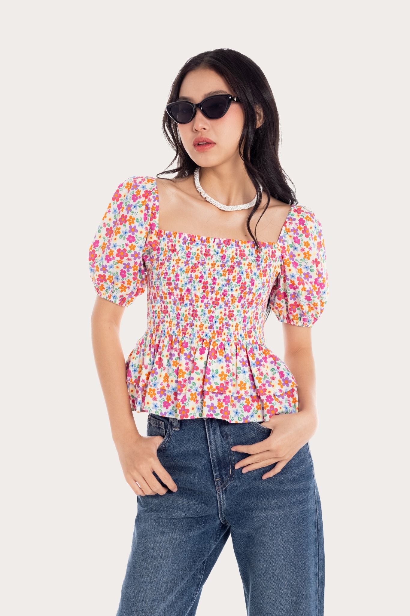  Floral Smock Puff Sleeves Top 