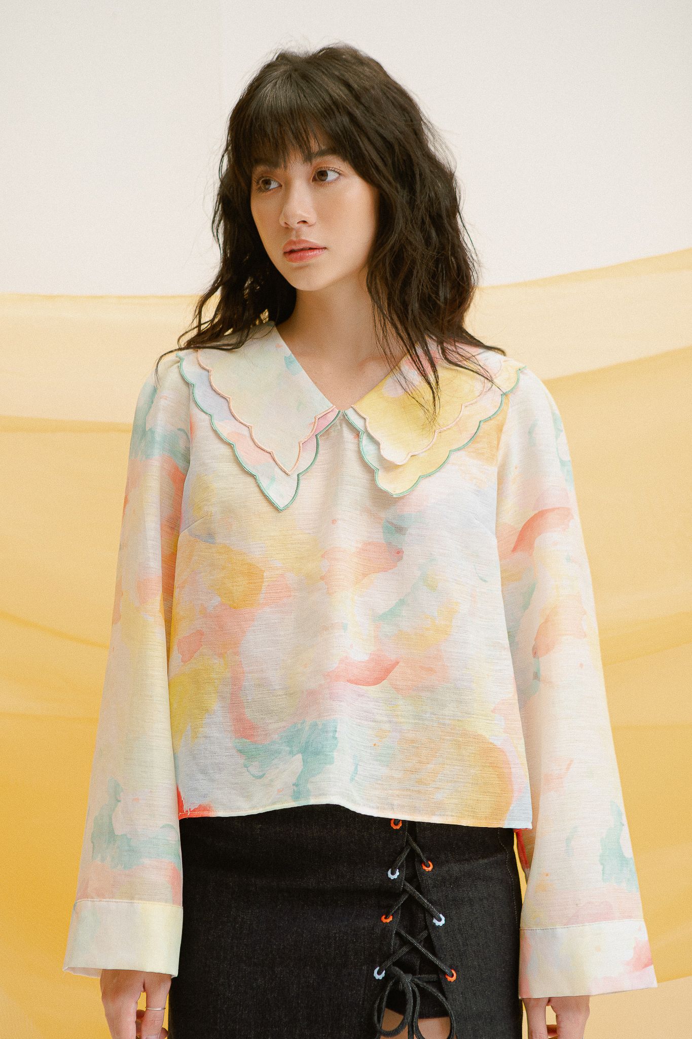 Embroidered Collar Tie Back Blouse