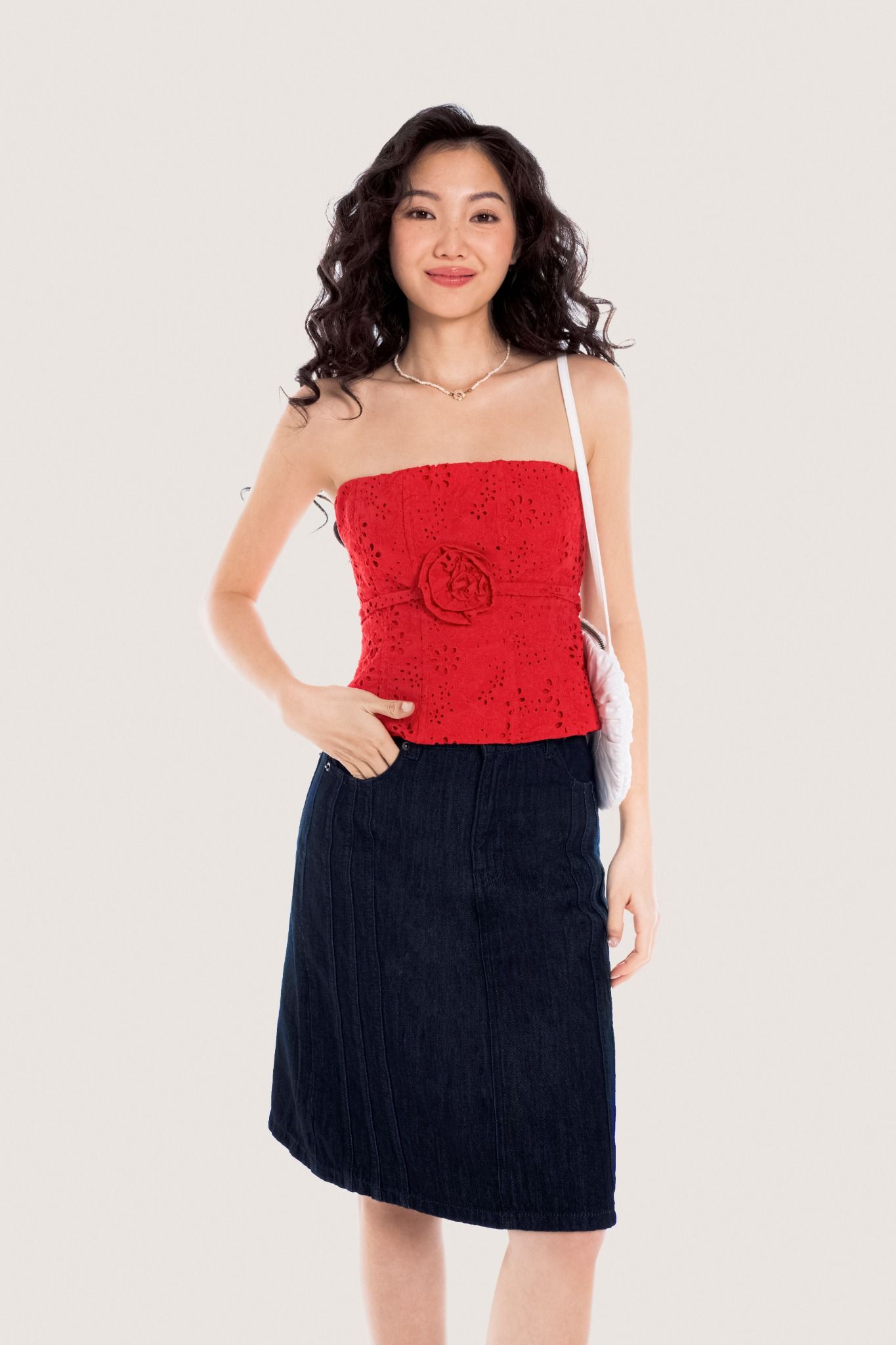  Hot Red Flower Embellished Eyelet Tube Top 