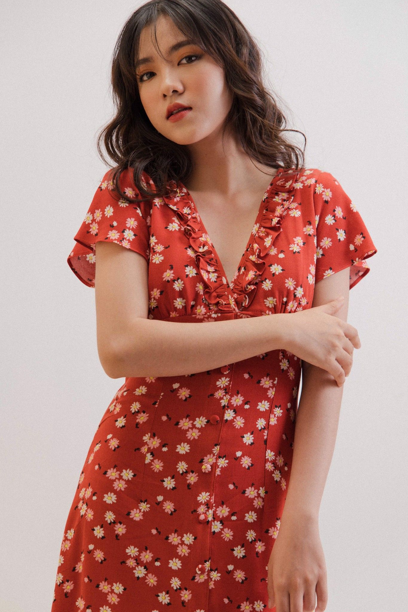 Red Floral Midi Dress