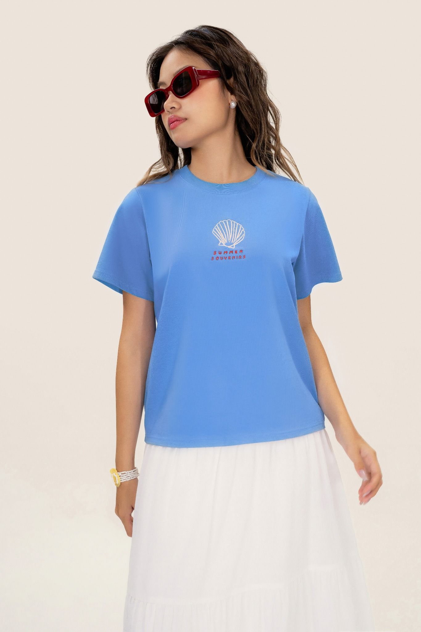 Ocean Blue Seashell Embroidered T-shirt