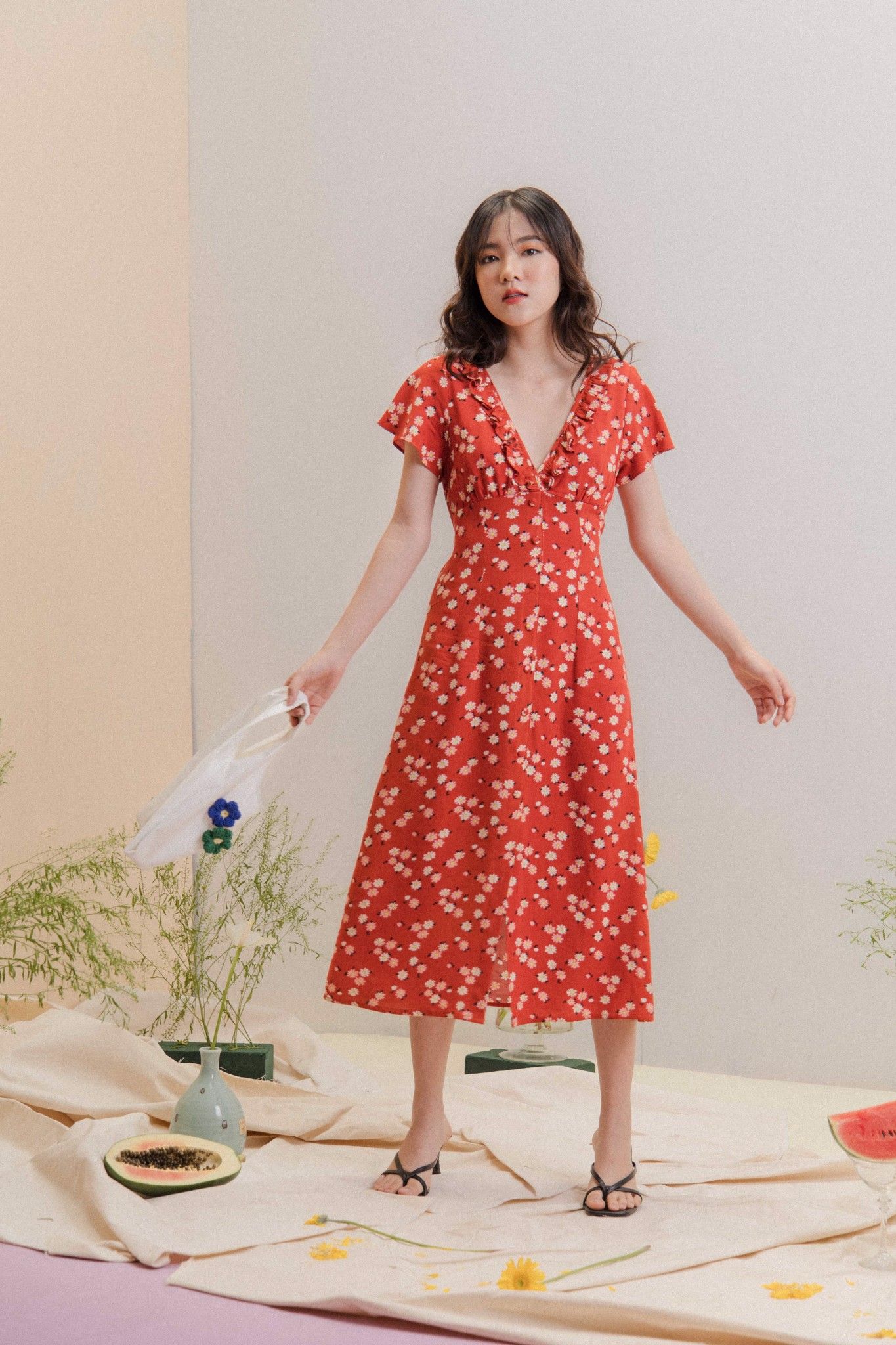 Red Floral Midi Dress