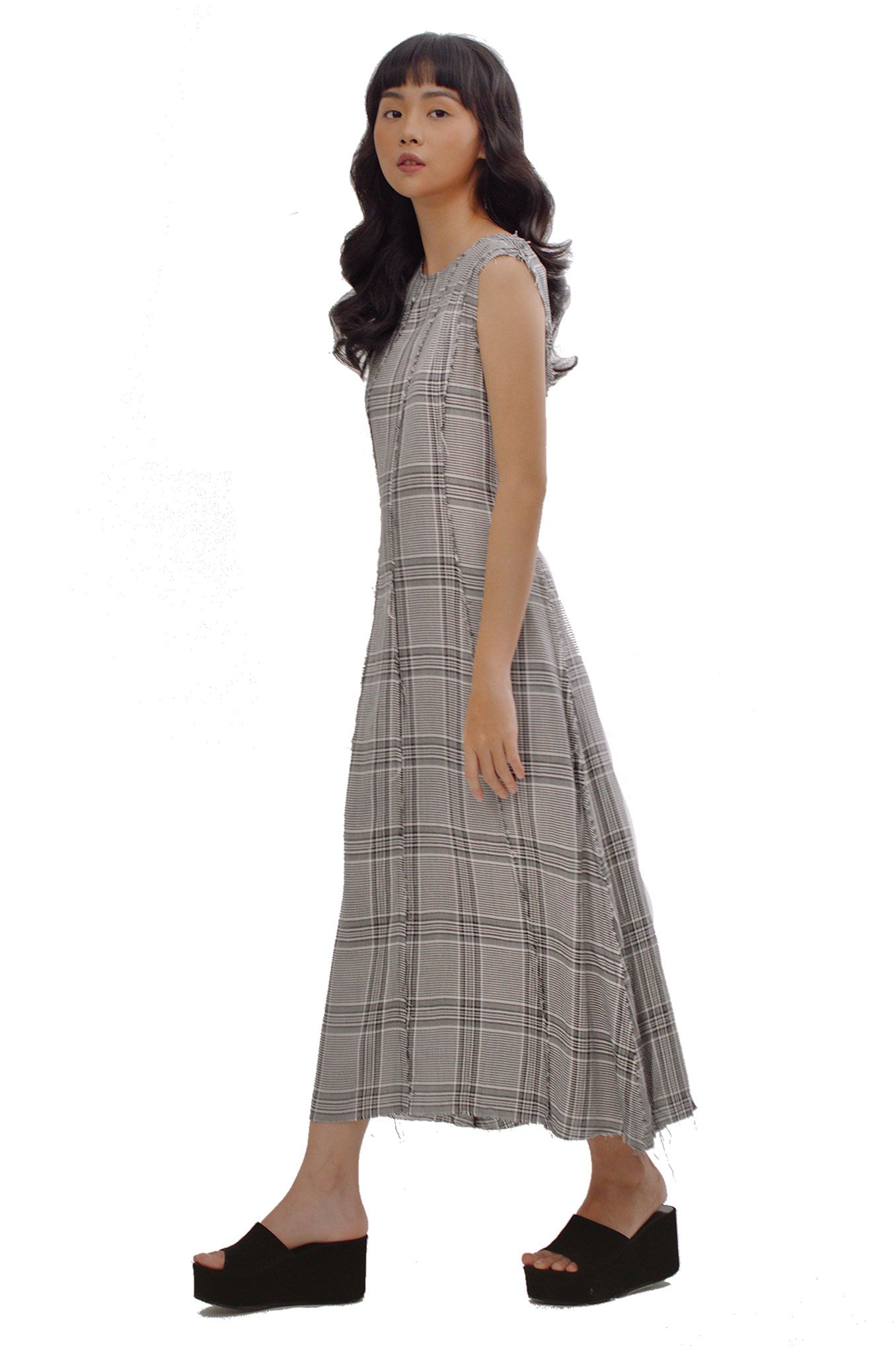 Checked Longsleeves Midi Dress