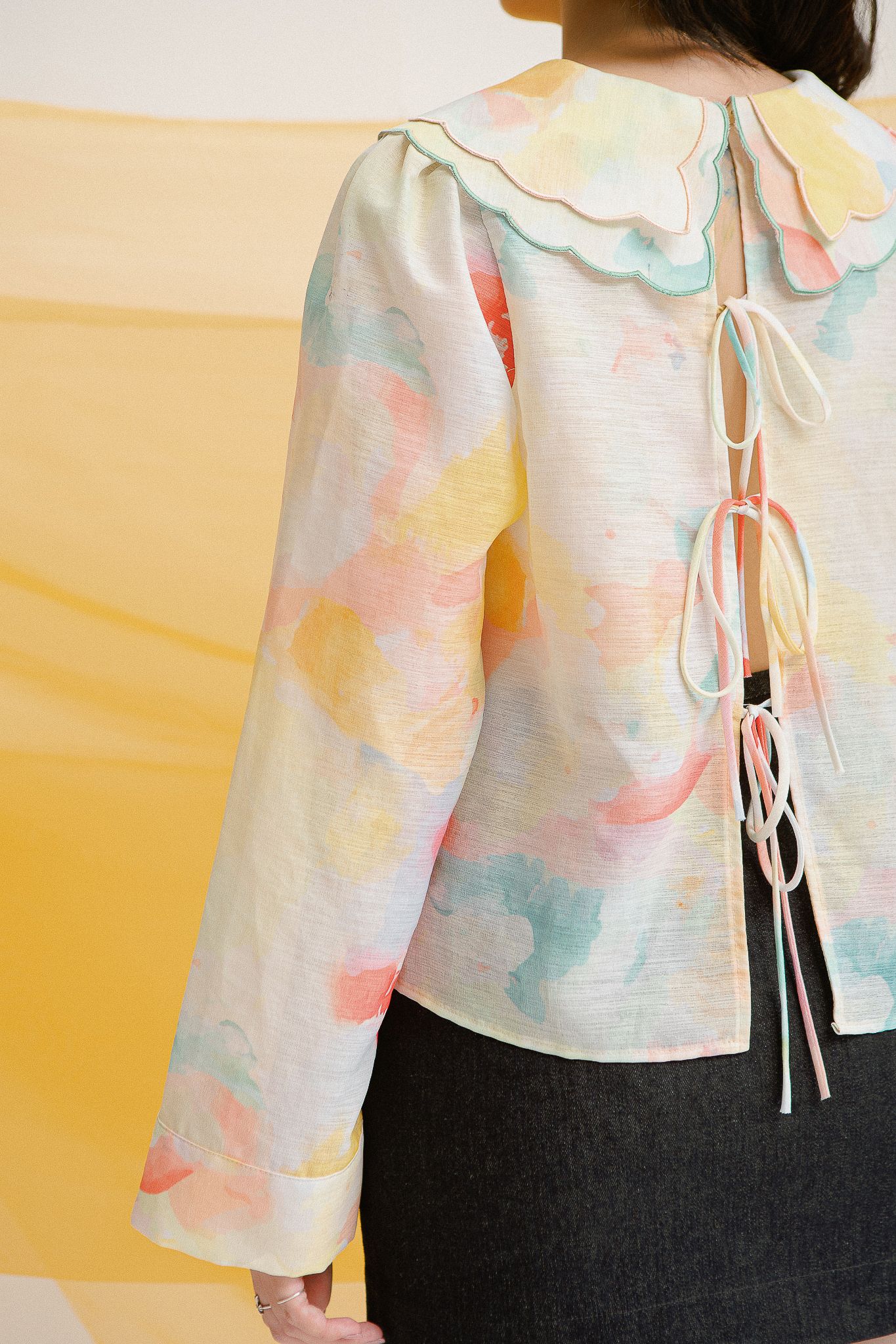 Embroidered Collar Tie Back Blouse