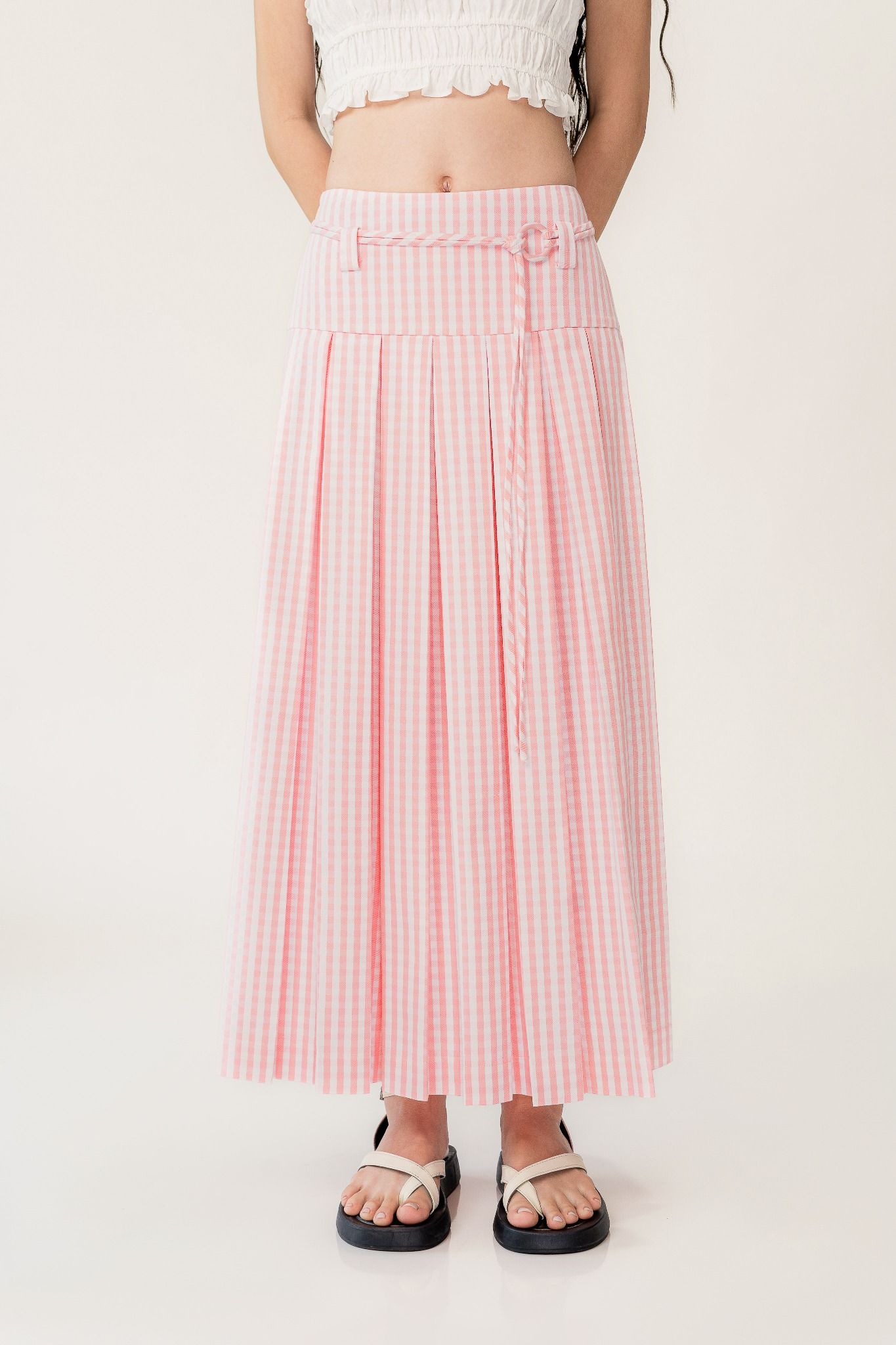  Pink Pleated Checked Midi Skirt 