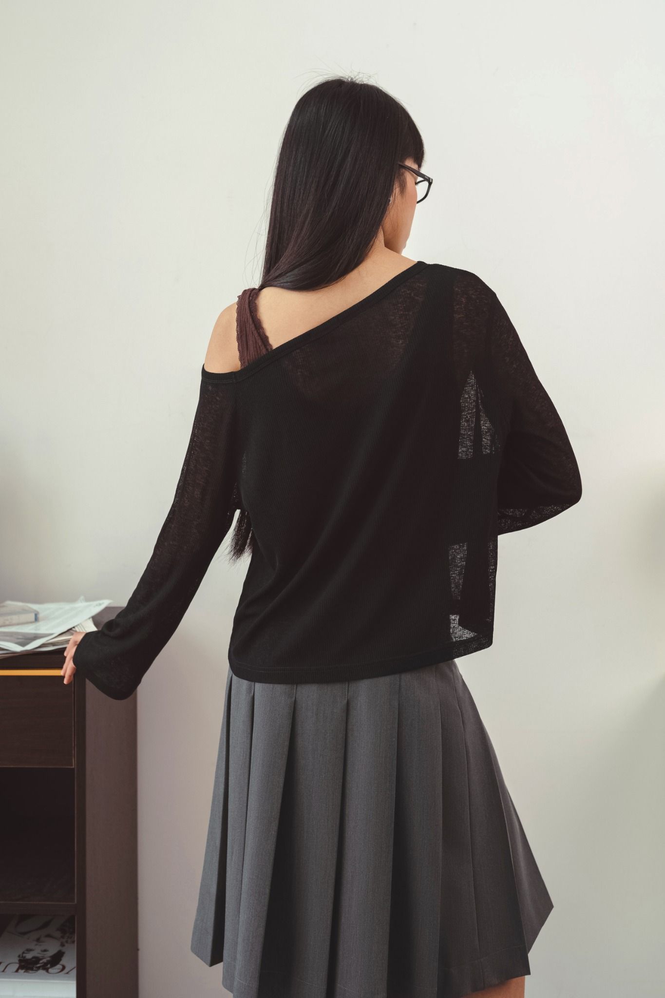  Black Cuffed Off Shoulder Long Sleeve Sheer Top 