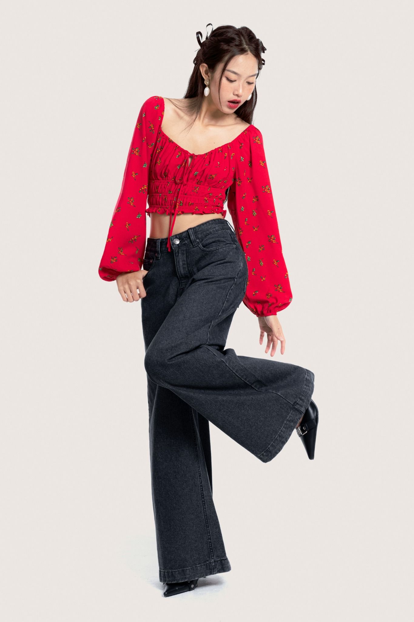  Bohemian Red Floral Long Puff Sleeves Top 