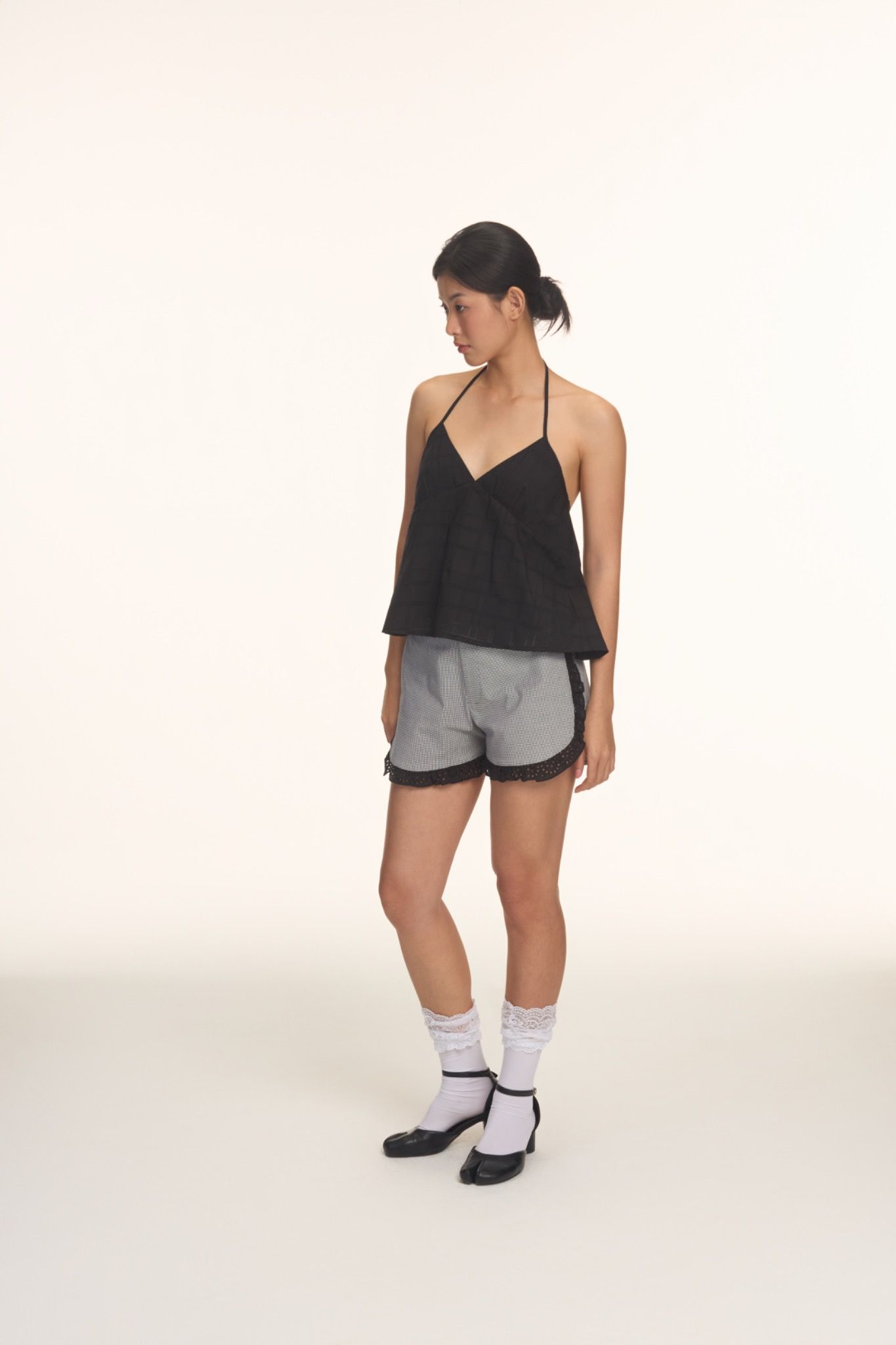 Houndstooth Shorts With Lace Trimming