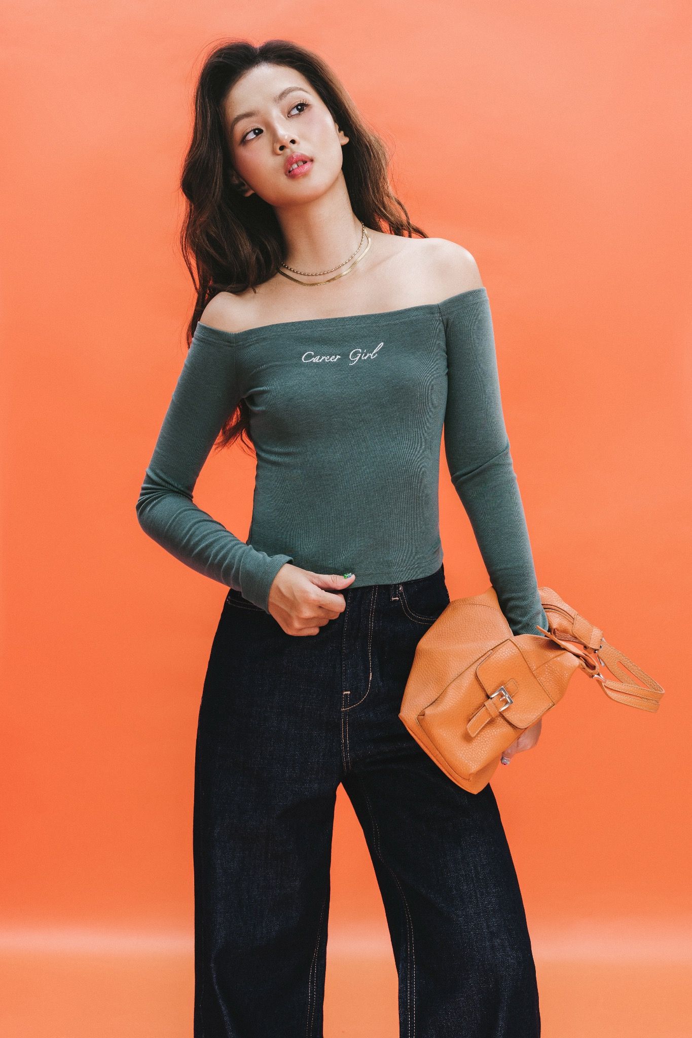 Teal Dark Green Off Shoulder Long Sleeve Top