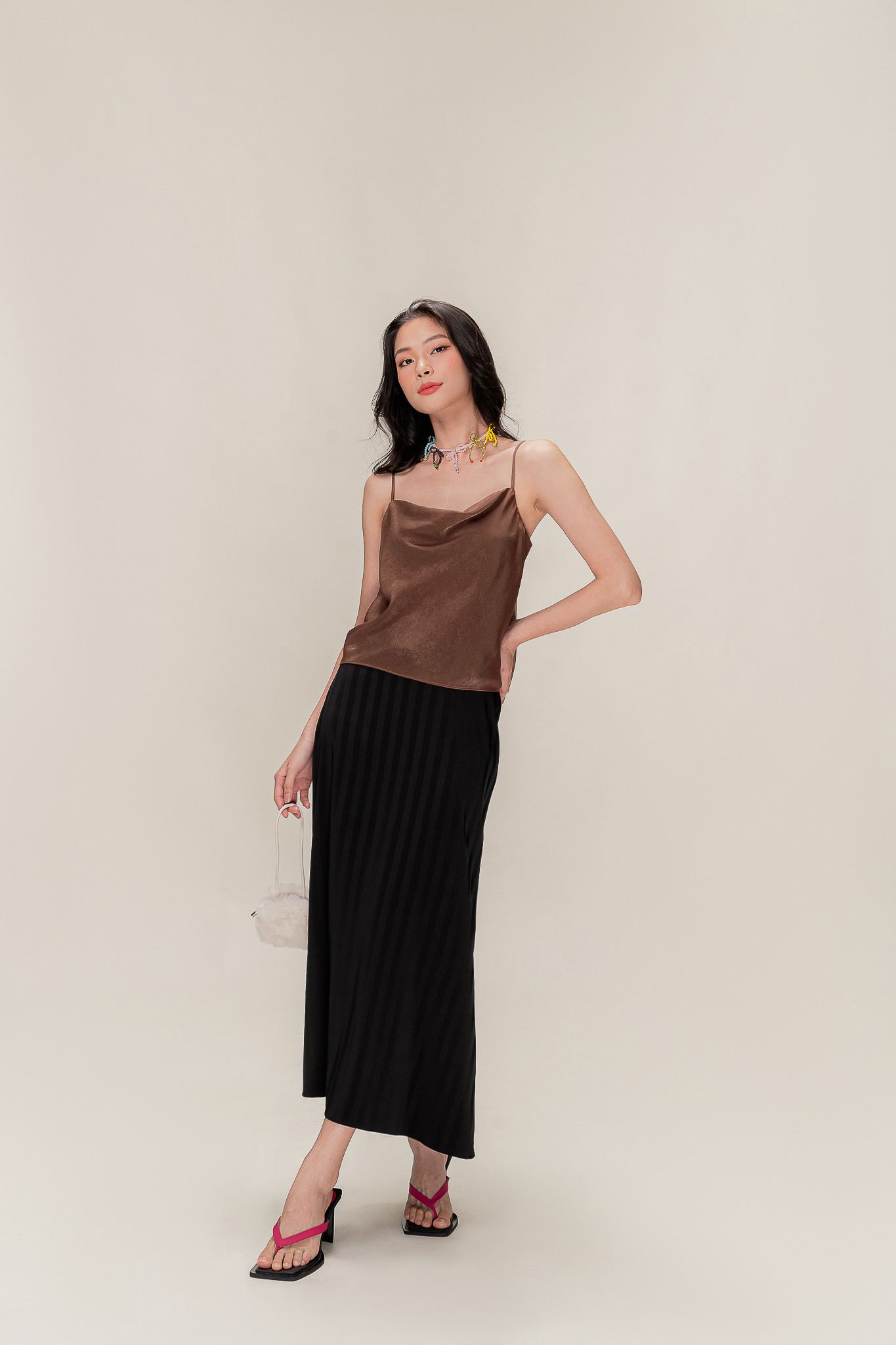  Brown Draped Neck Silky Camisole 