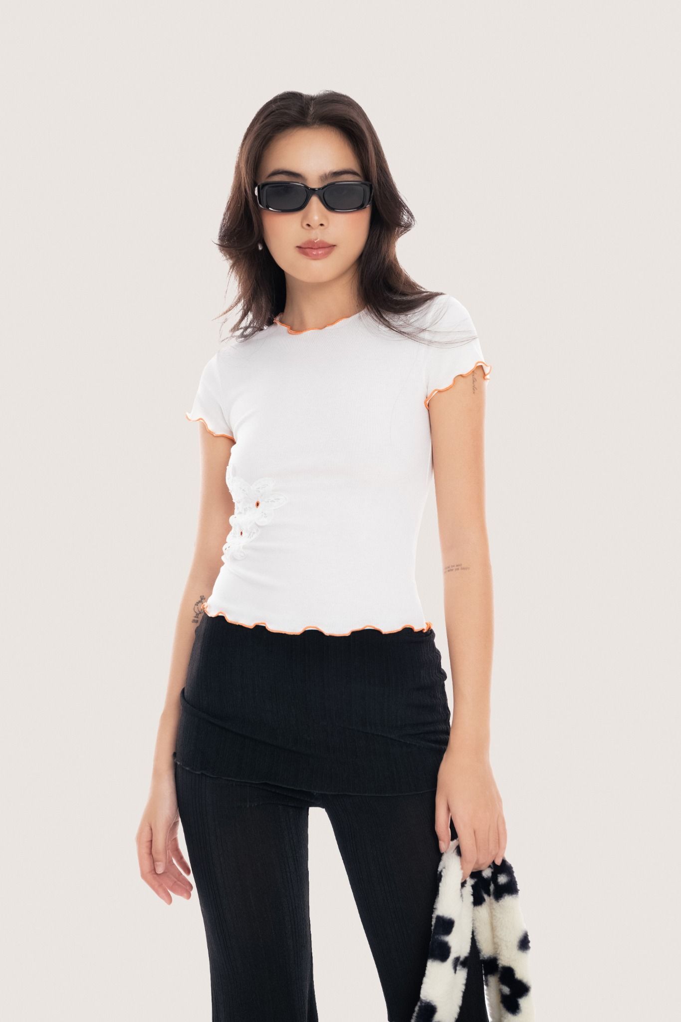  White Flowers Embellished Crop Top 