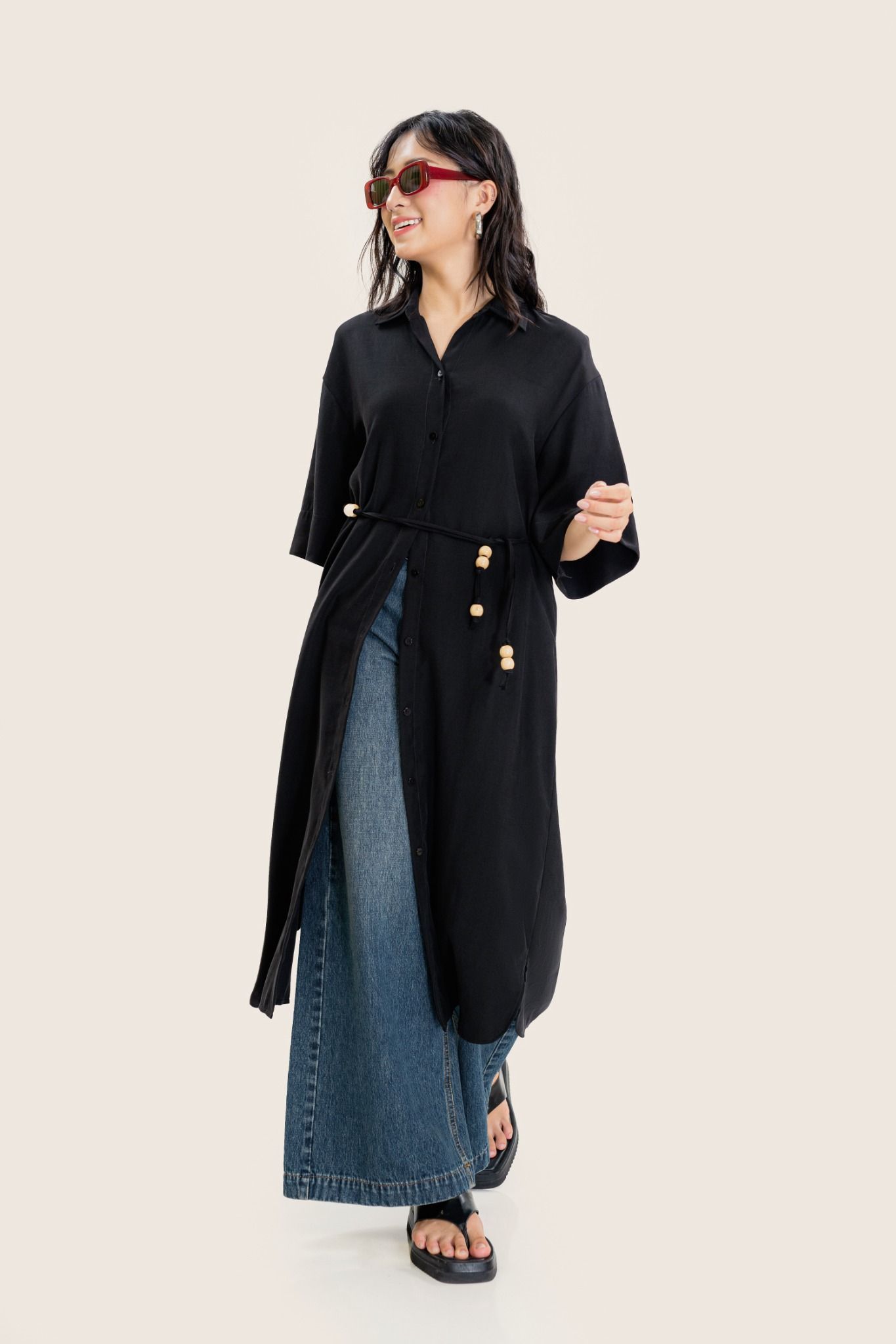 Black Tie Belt Long Shirt Dress