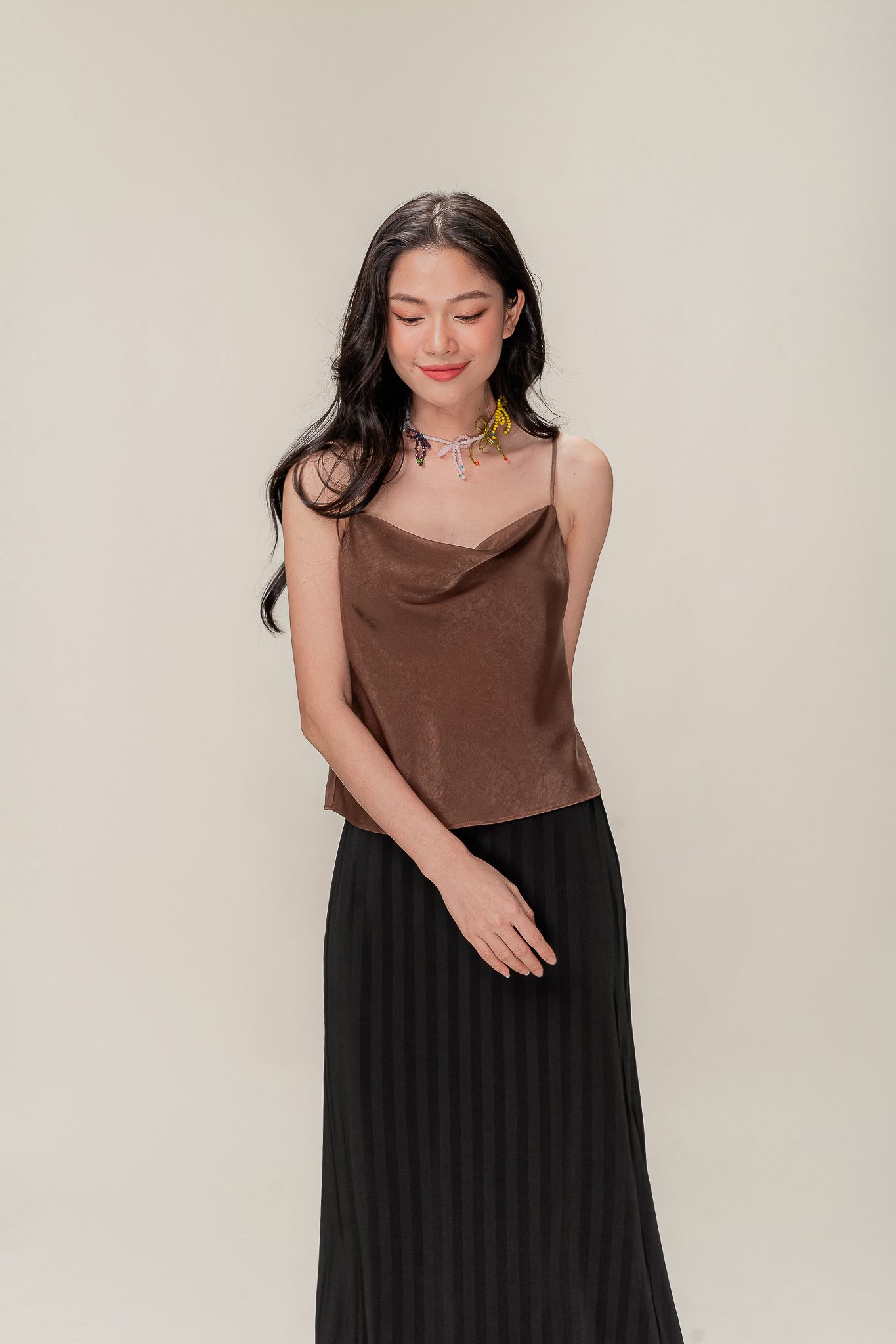  Brown Draped Neck Silky Camisole 