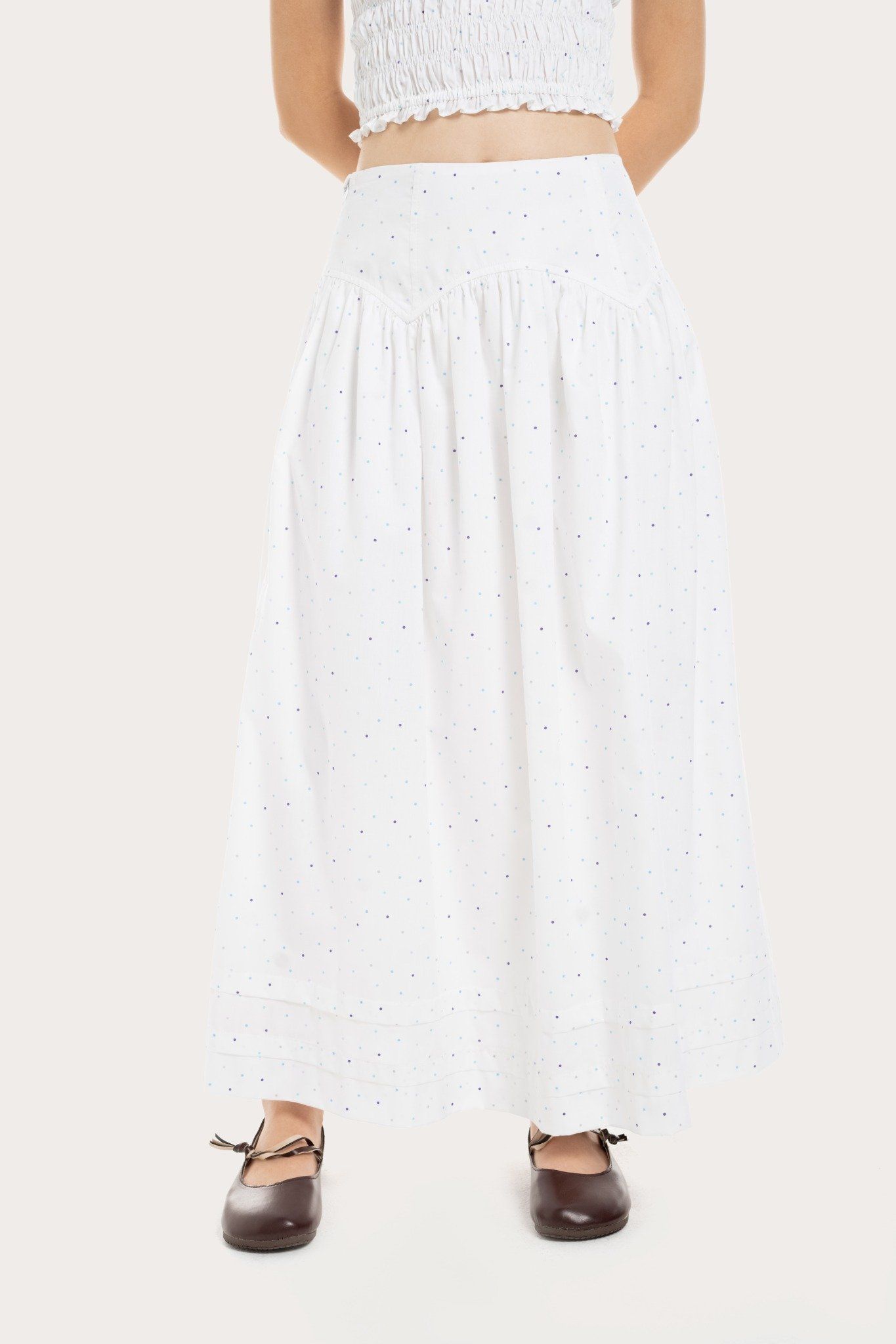  Mini Polka Dot Wide Waistband Midi Skirt 