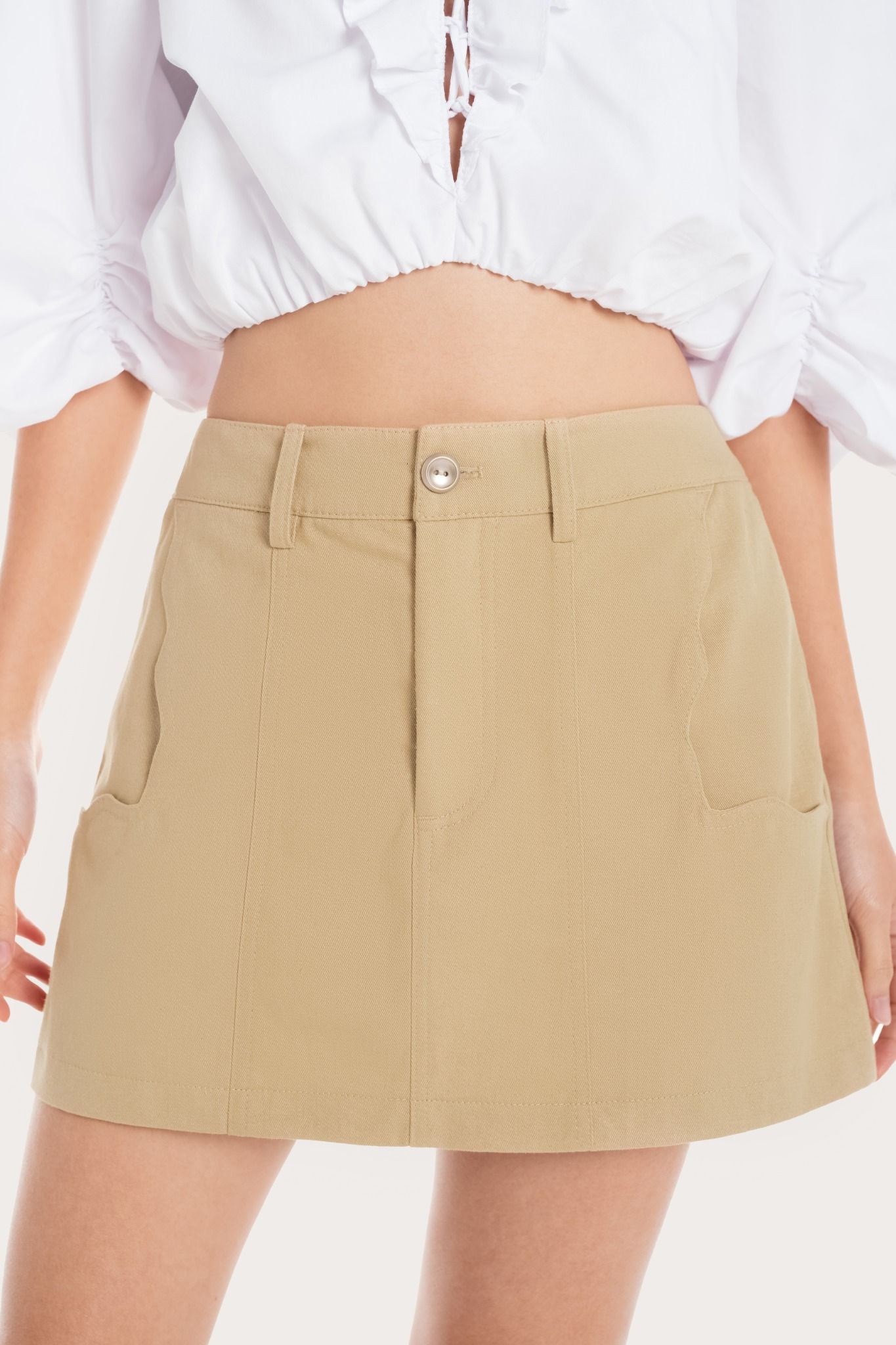  Beige Scallop Pockets Khaki Mini Skirt 