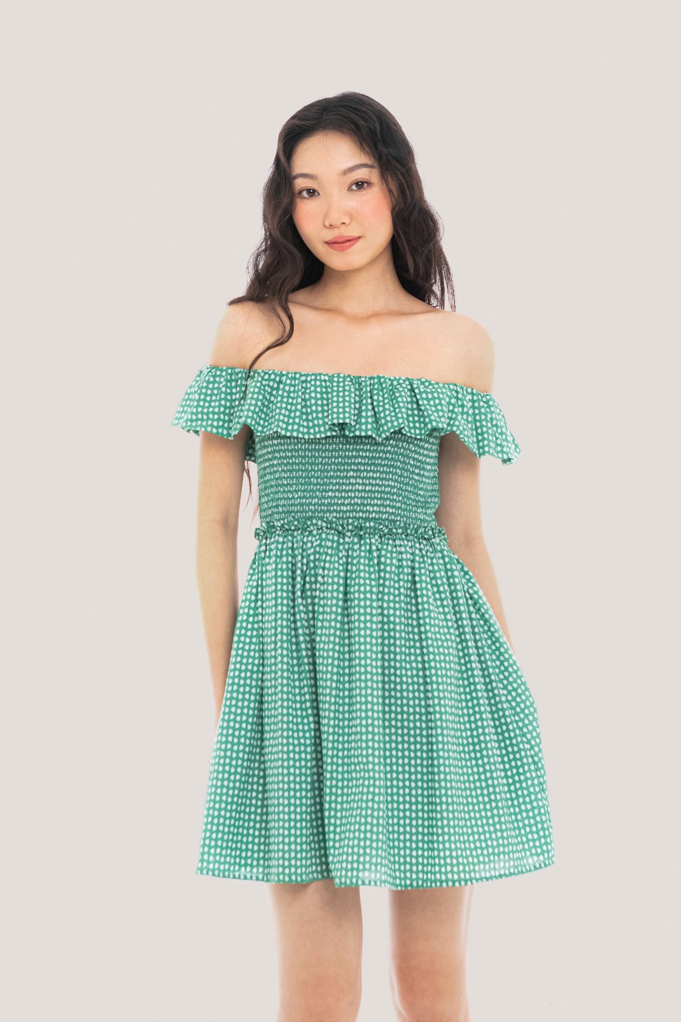  Green Polka Dot Off Shoulder Mini Dress 