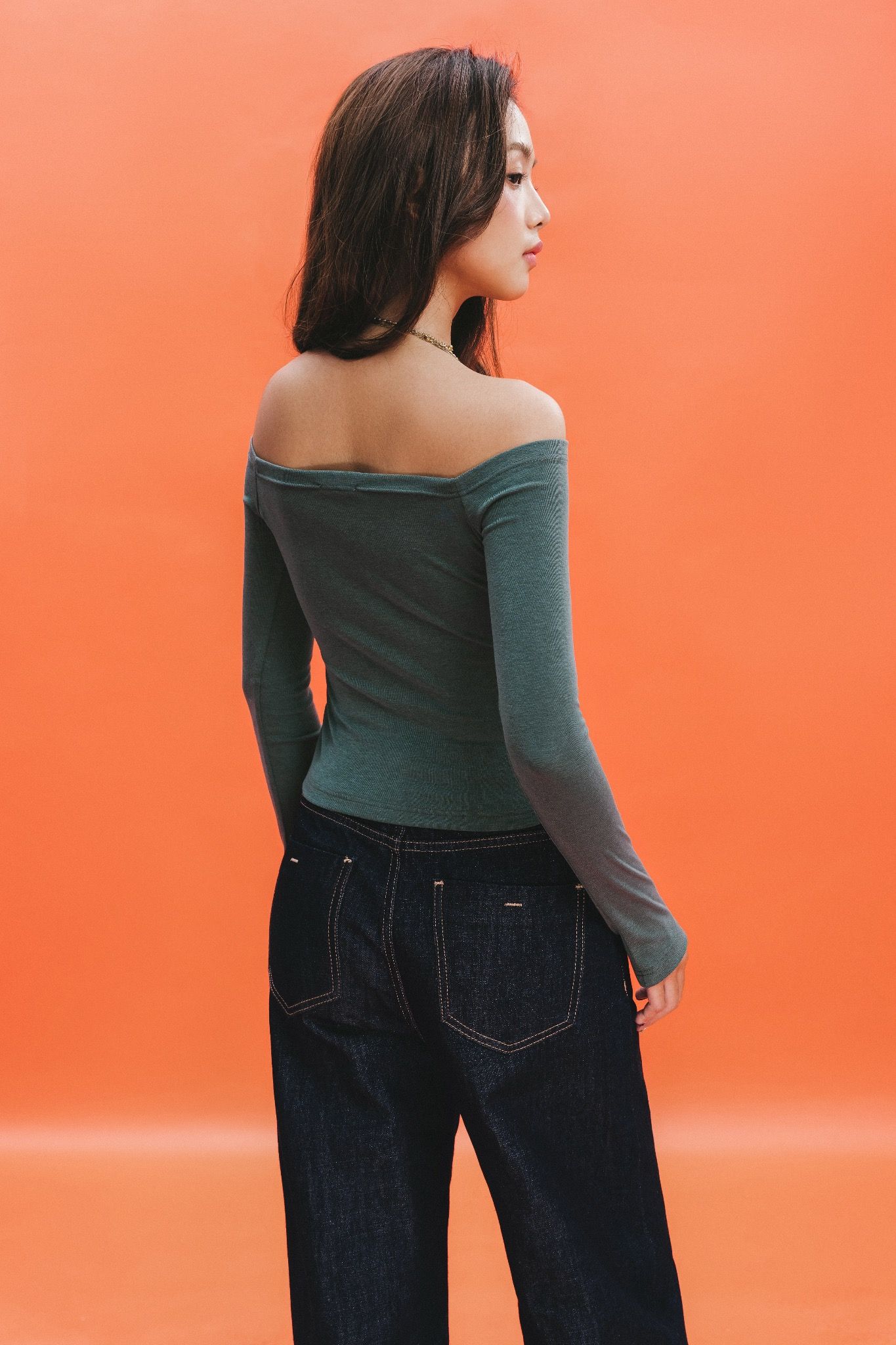 Teal Dark Green Off Shoulder Long Sleeve Top