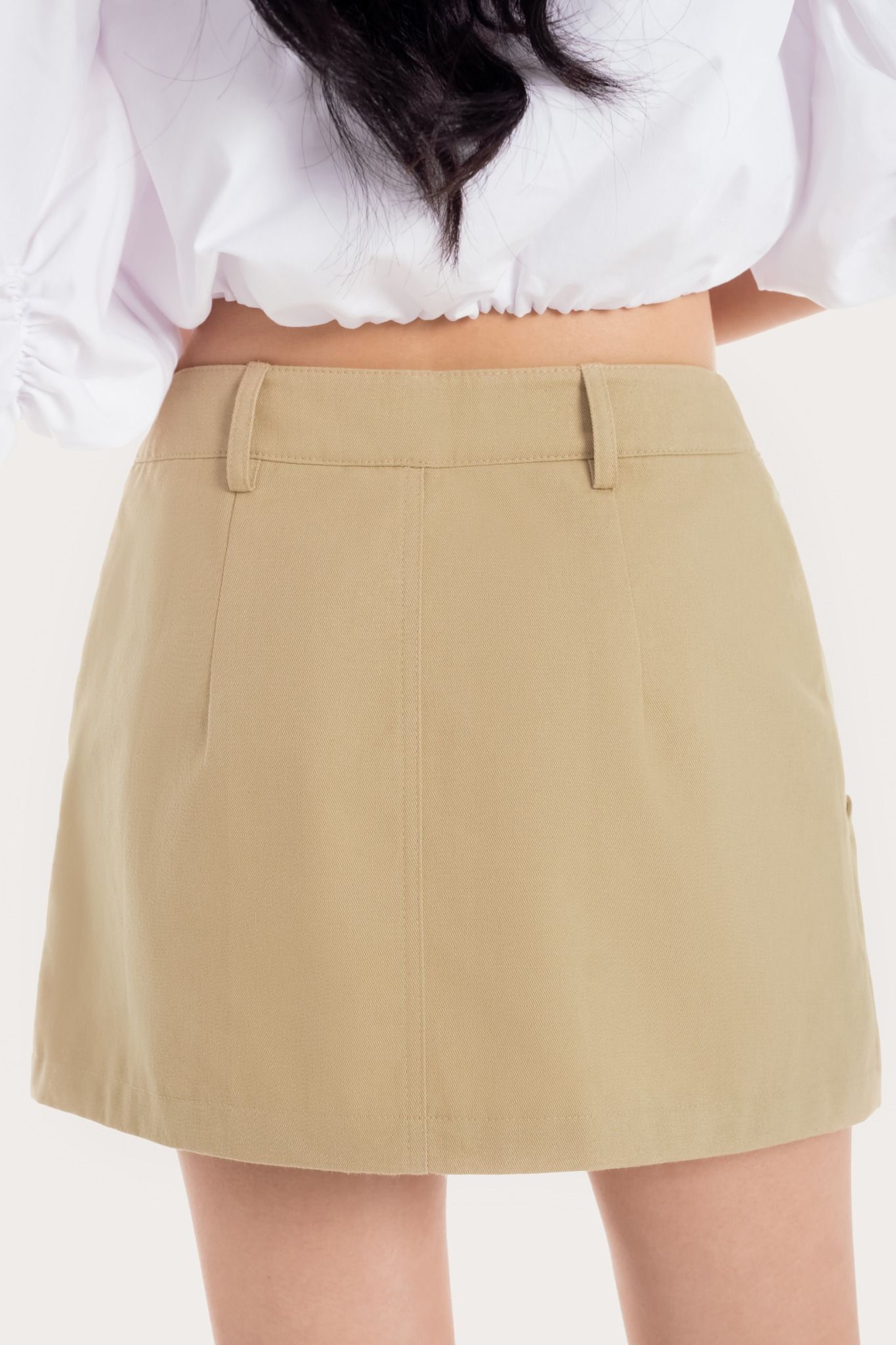 Beige Scallop Pockets Khaki Mini Skirt 