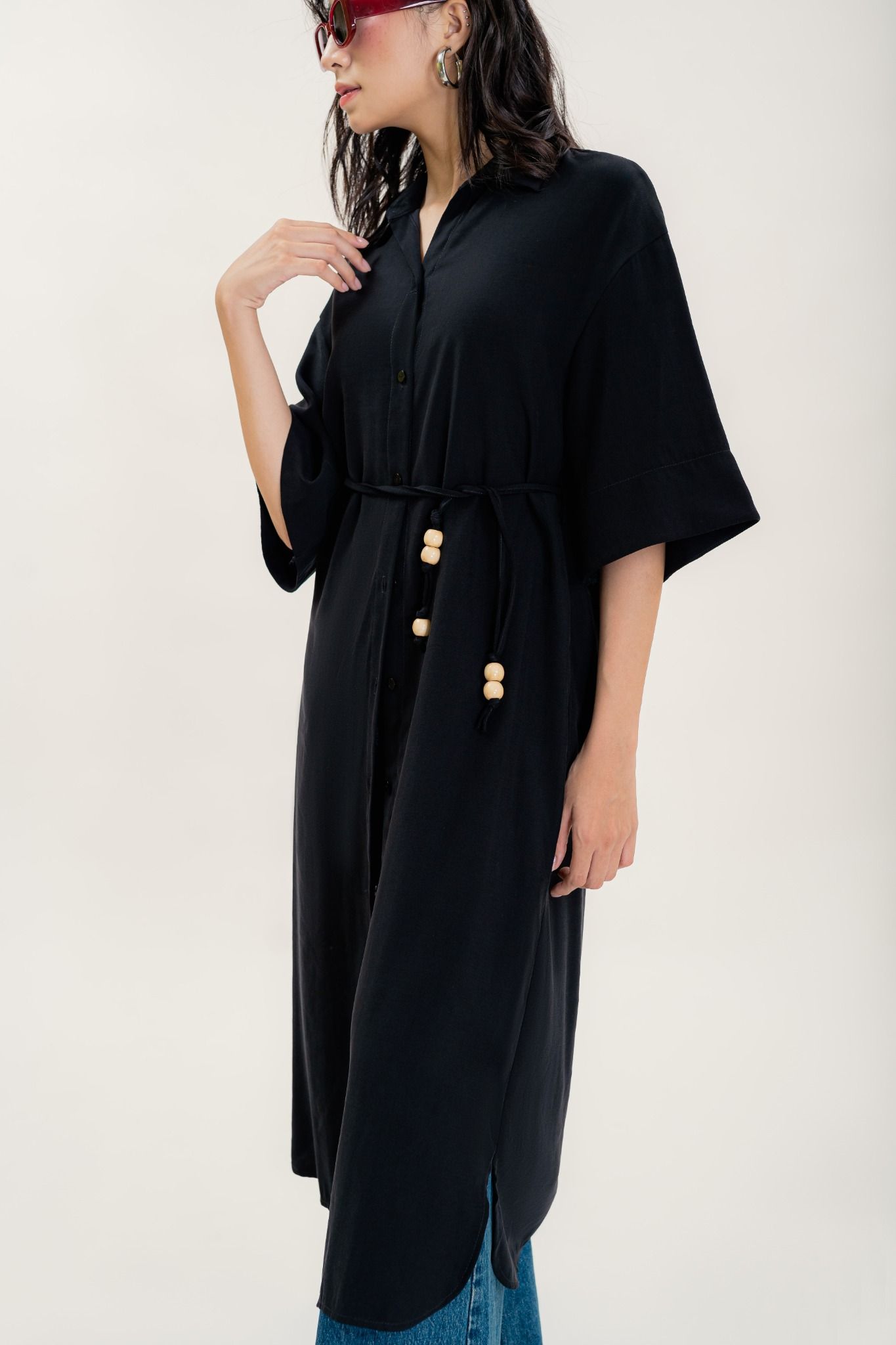  Black Tie Belt Long Shirt Dress 