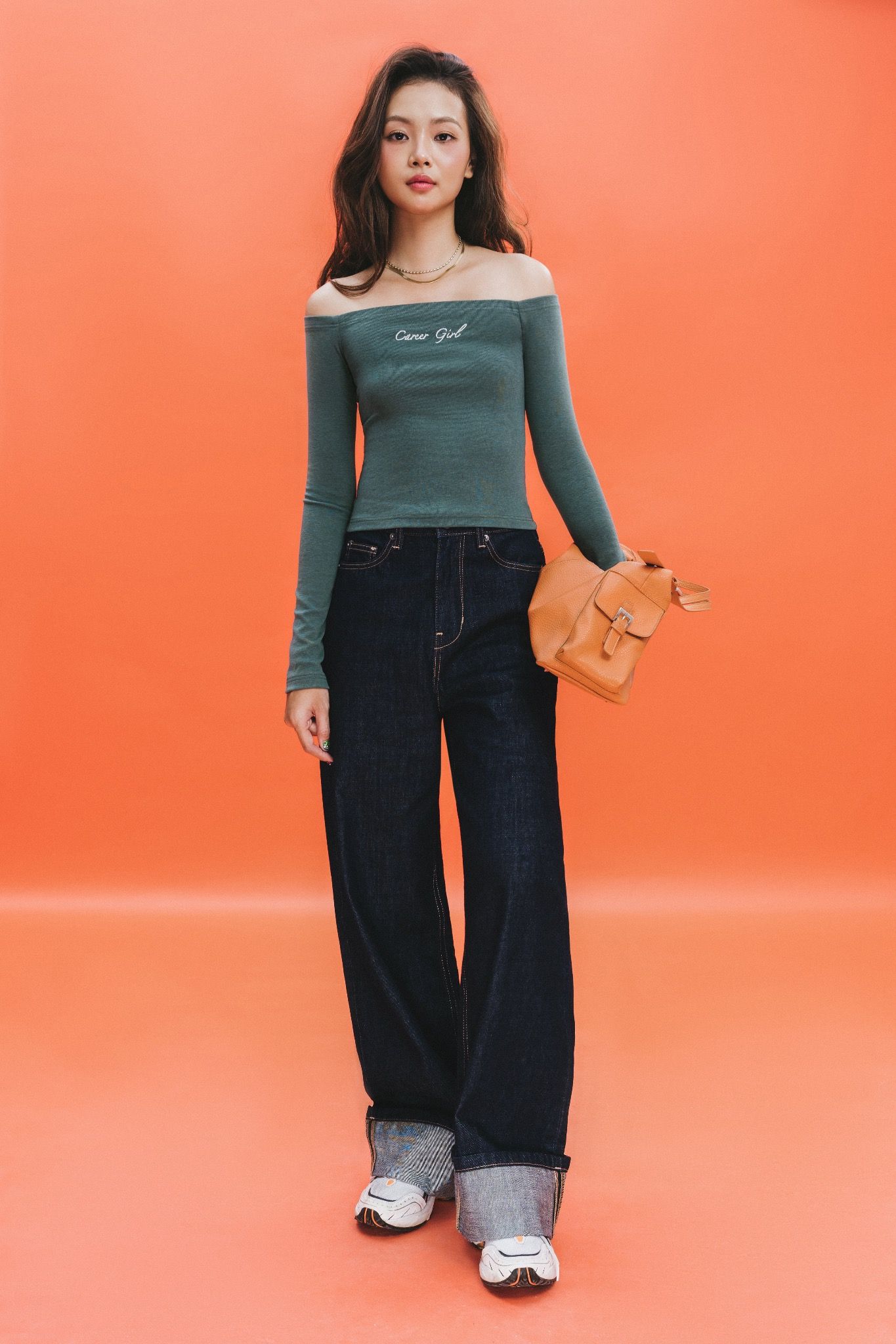 Teal Dark Green Off Shoulder Long Sleeve Top