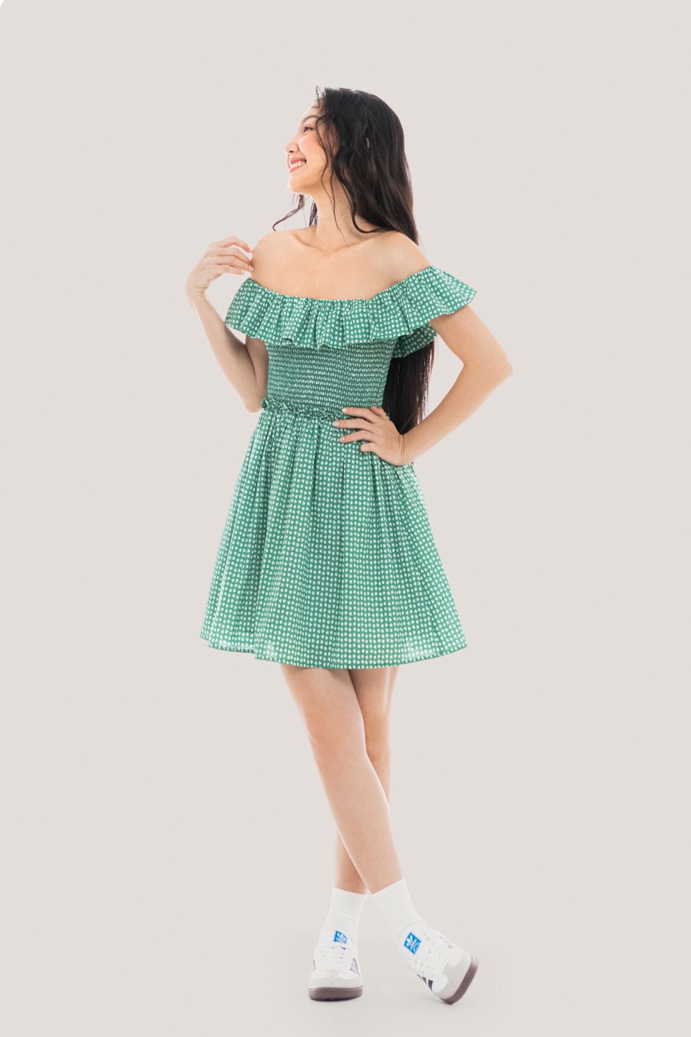  Green Polka Dot Off Shoulder Mini Dress 