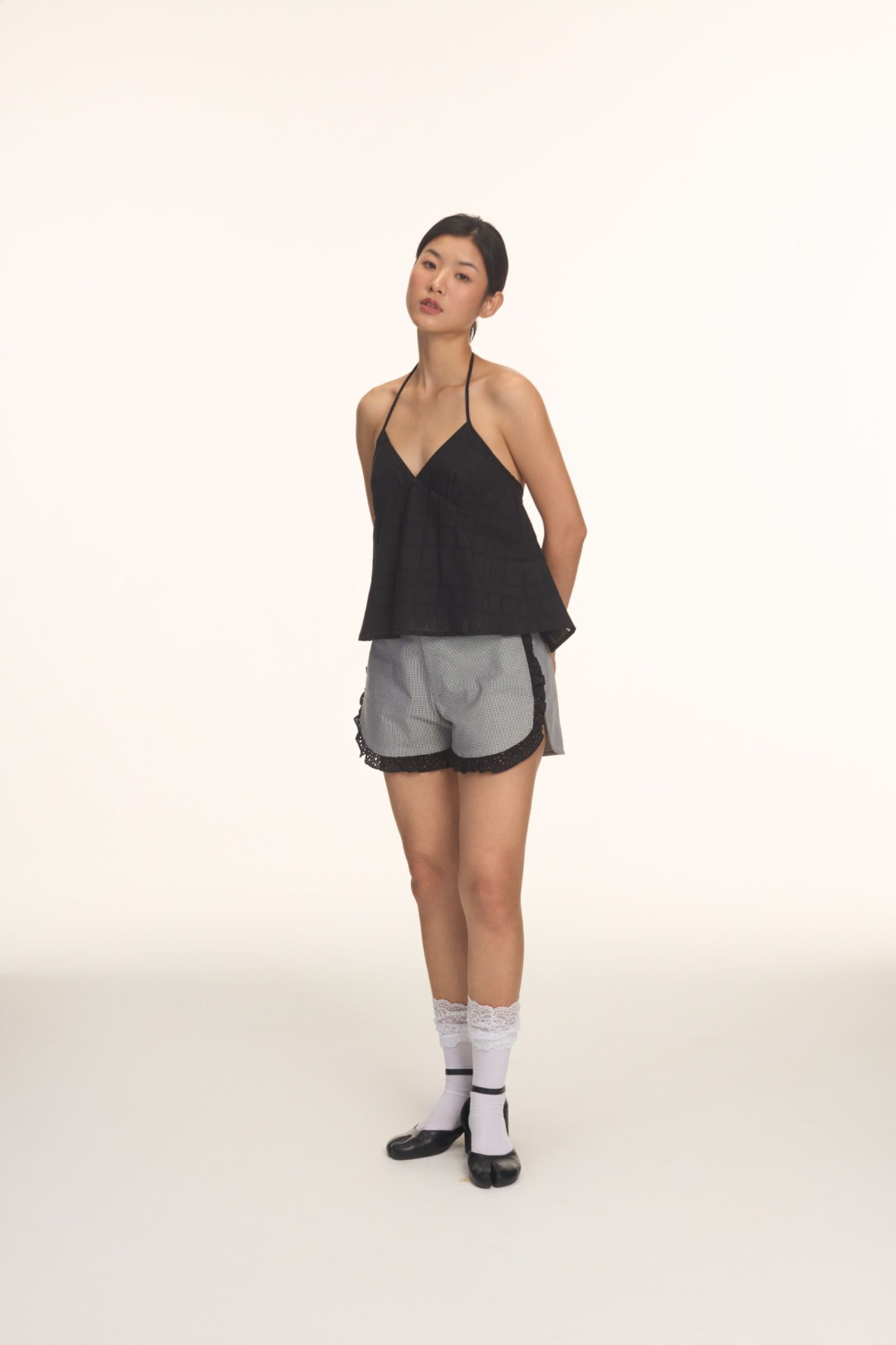 Houndstooth Shorts With Lace Trimming