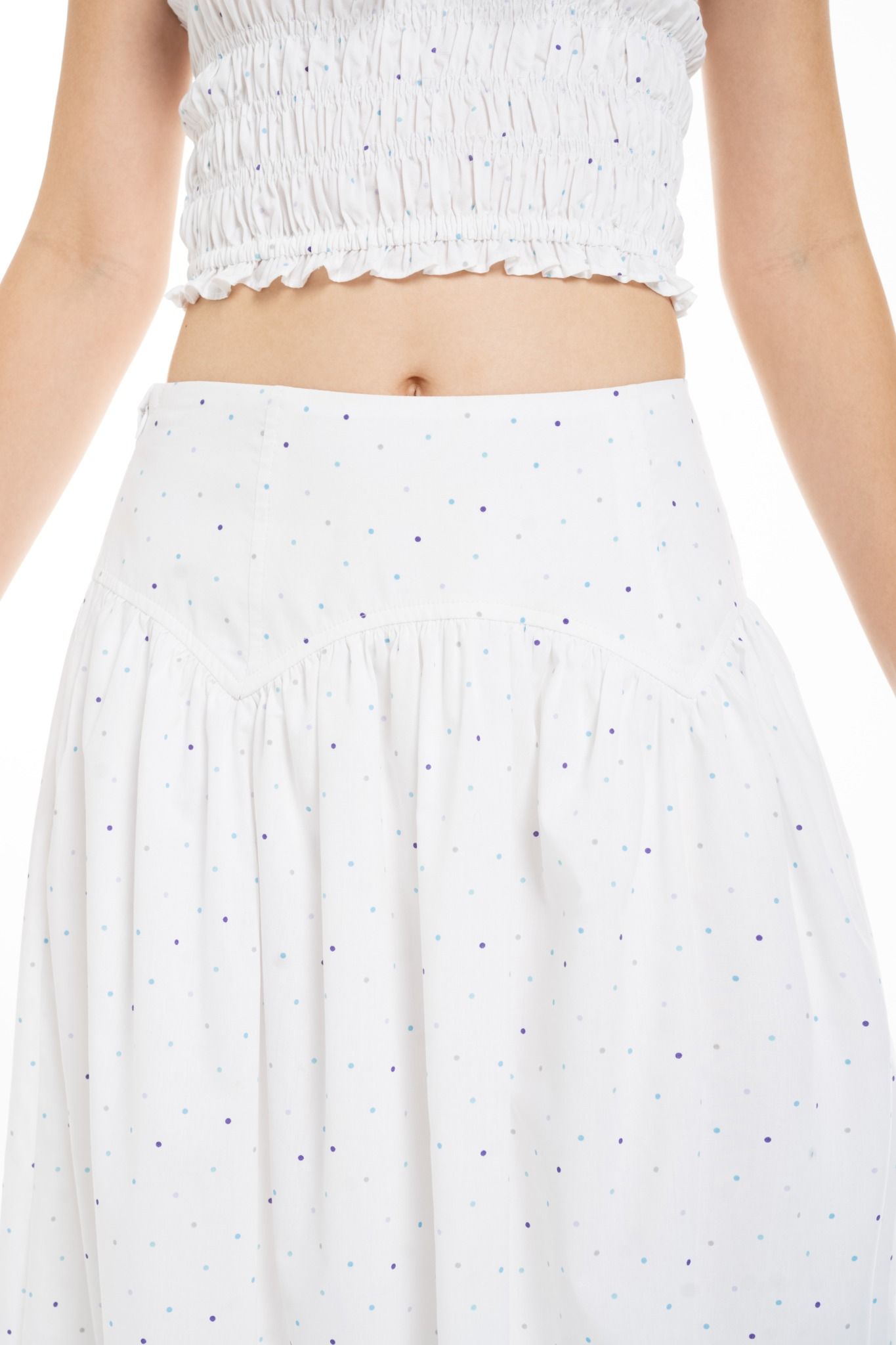  Mini Polka Dot Wide Waistband Midi Skirt 