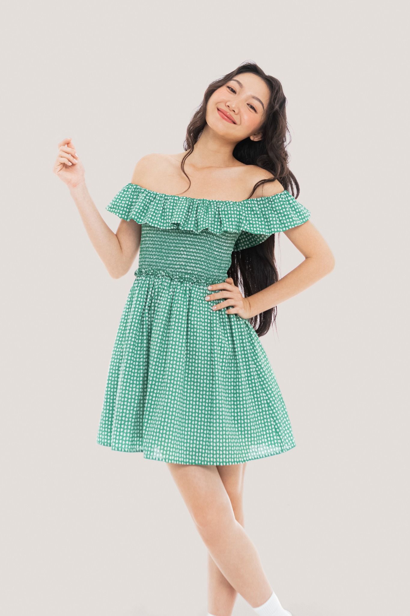  Green Polka Dot Off Shoulder Mini Dress 