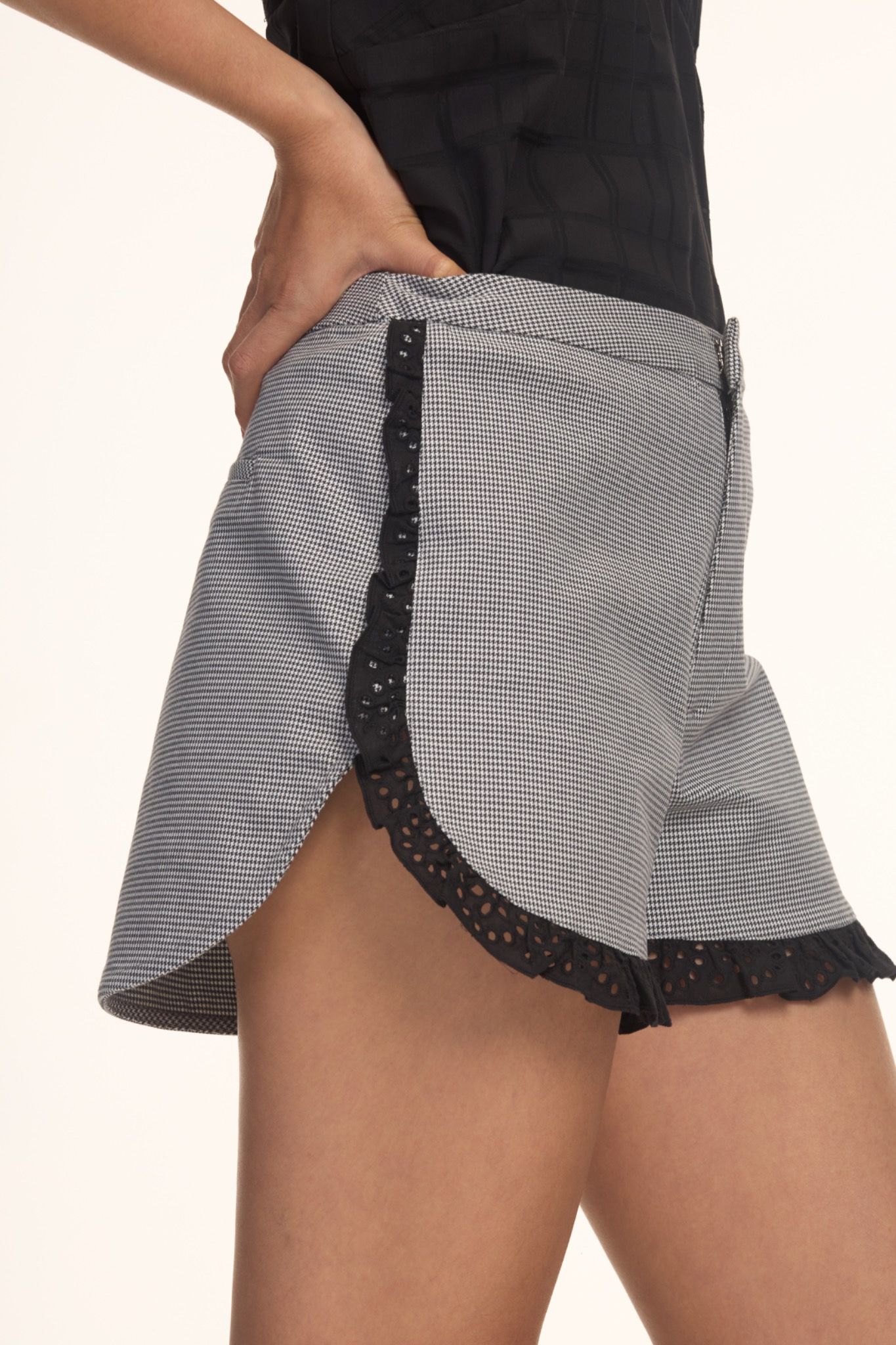 Houndstooth Shorts With Lace Trimming