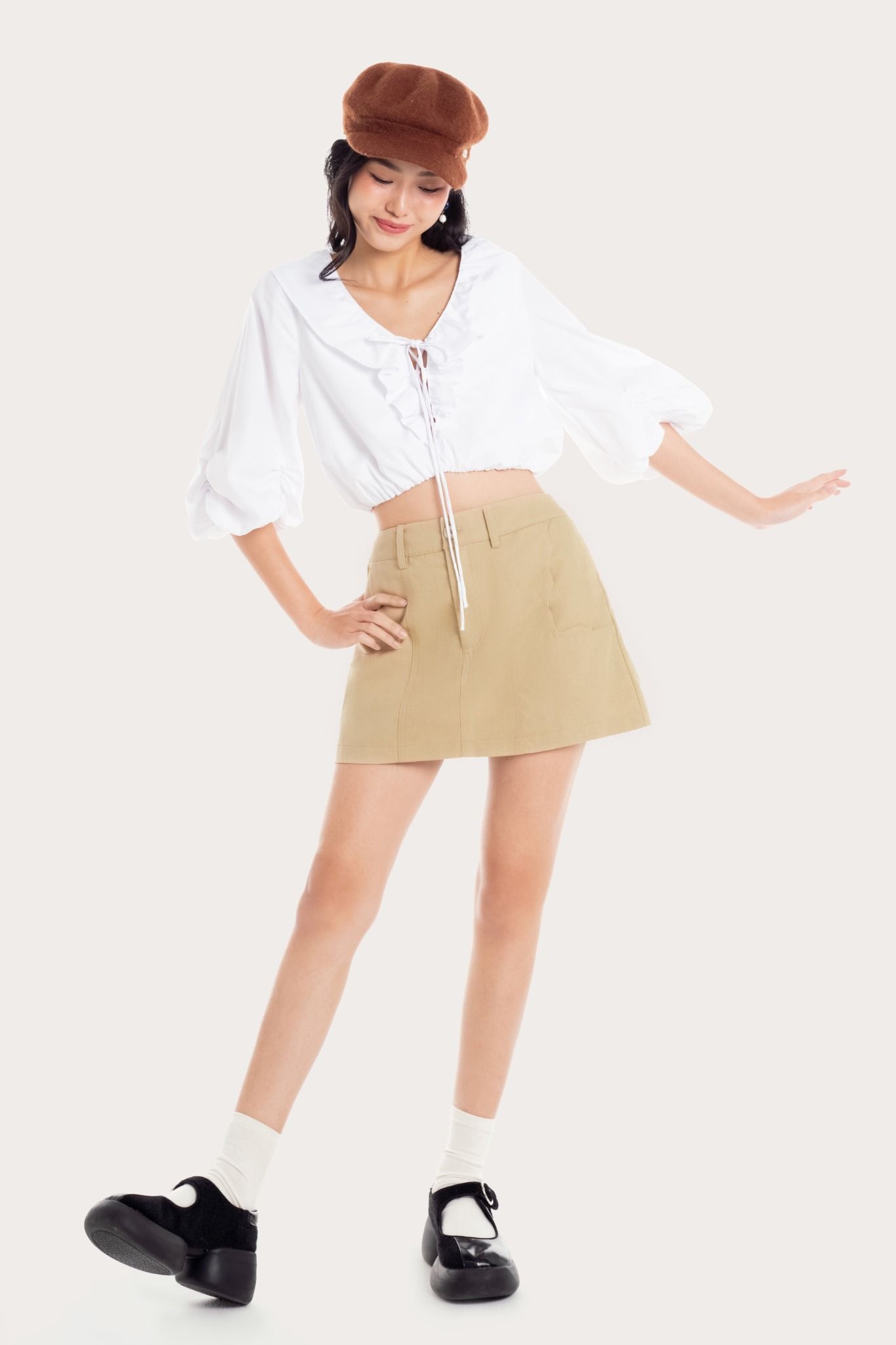  Beige Scallop Pockets Khaki Mini Skirt 