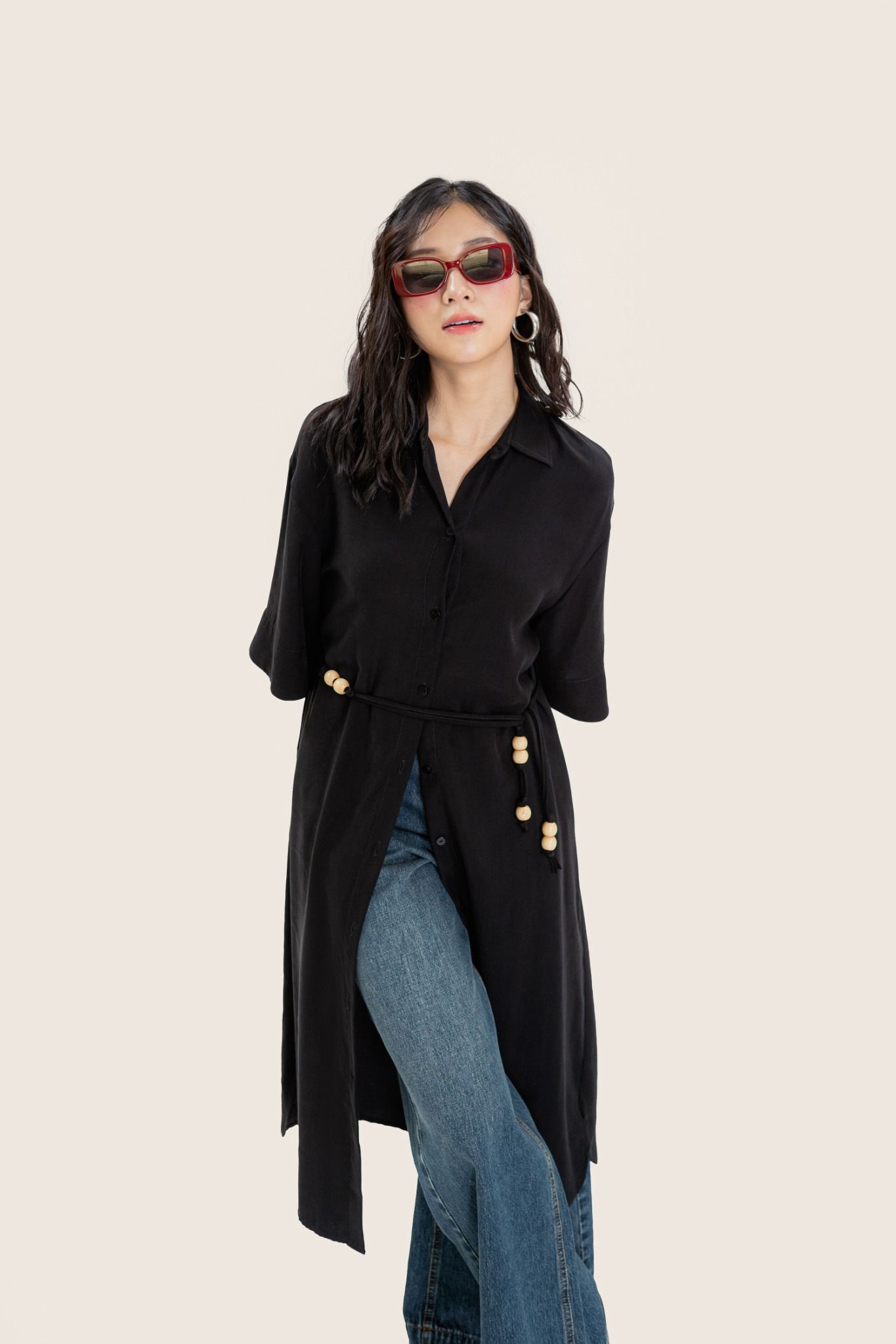  Black Tie Belt Long Shirt Dress 