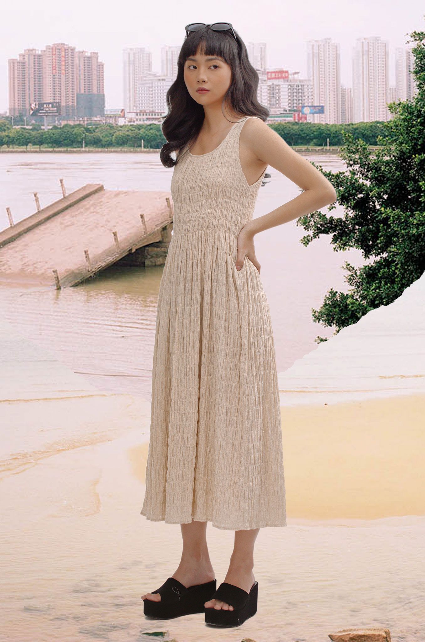 Beige Smocked Midi Dress
