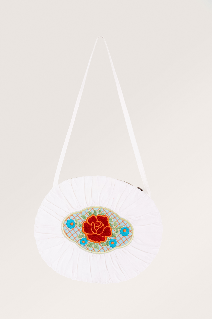  White Ruched Floral Sticker Bag 