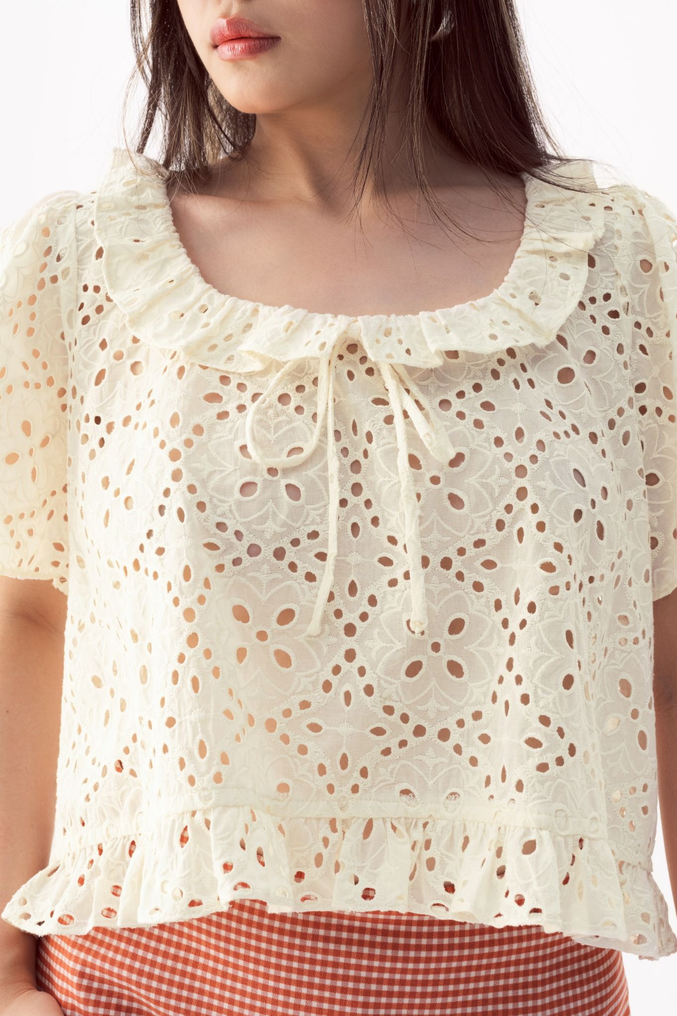  Ivory Ruffle Neckline Eyelet Top 