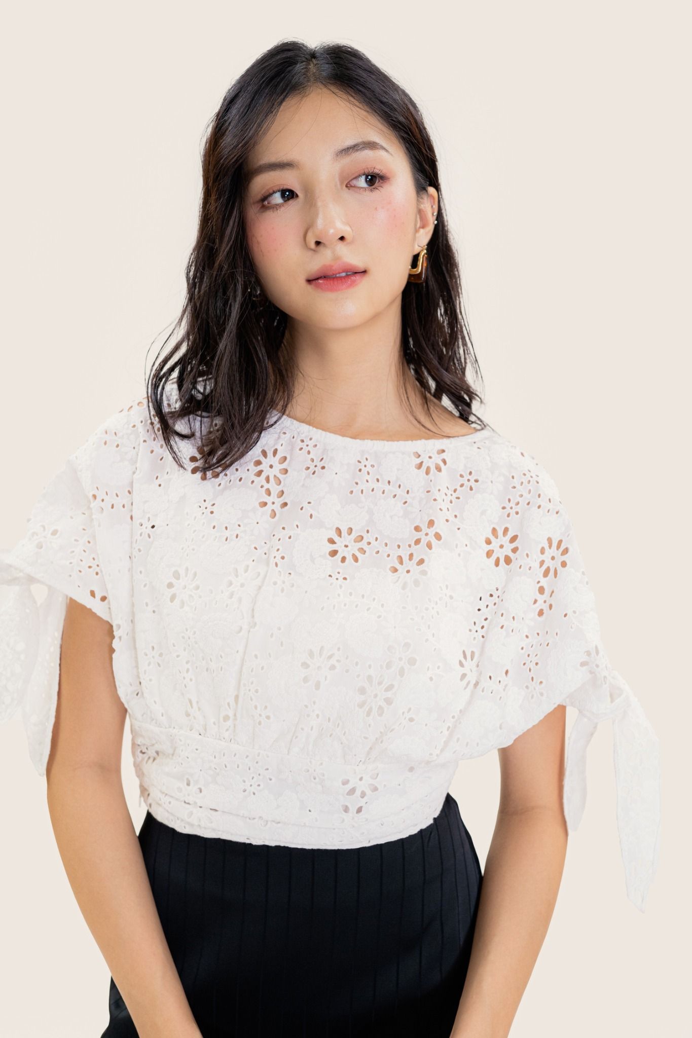 White Embroidered Boat Neck Top