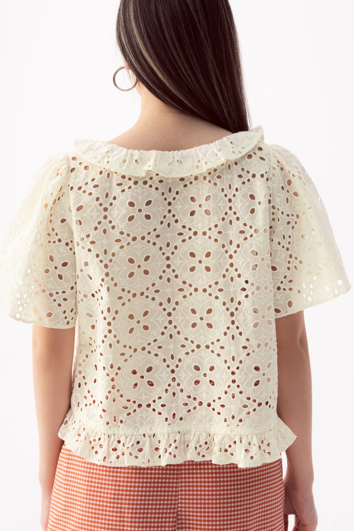  Ivory Ruffle Neckline Eyelet Top 