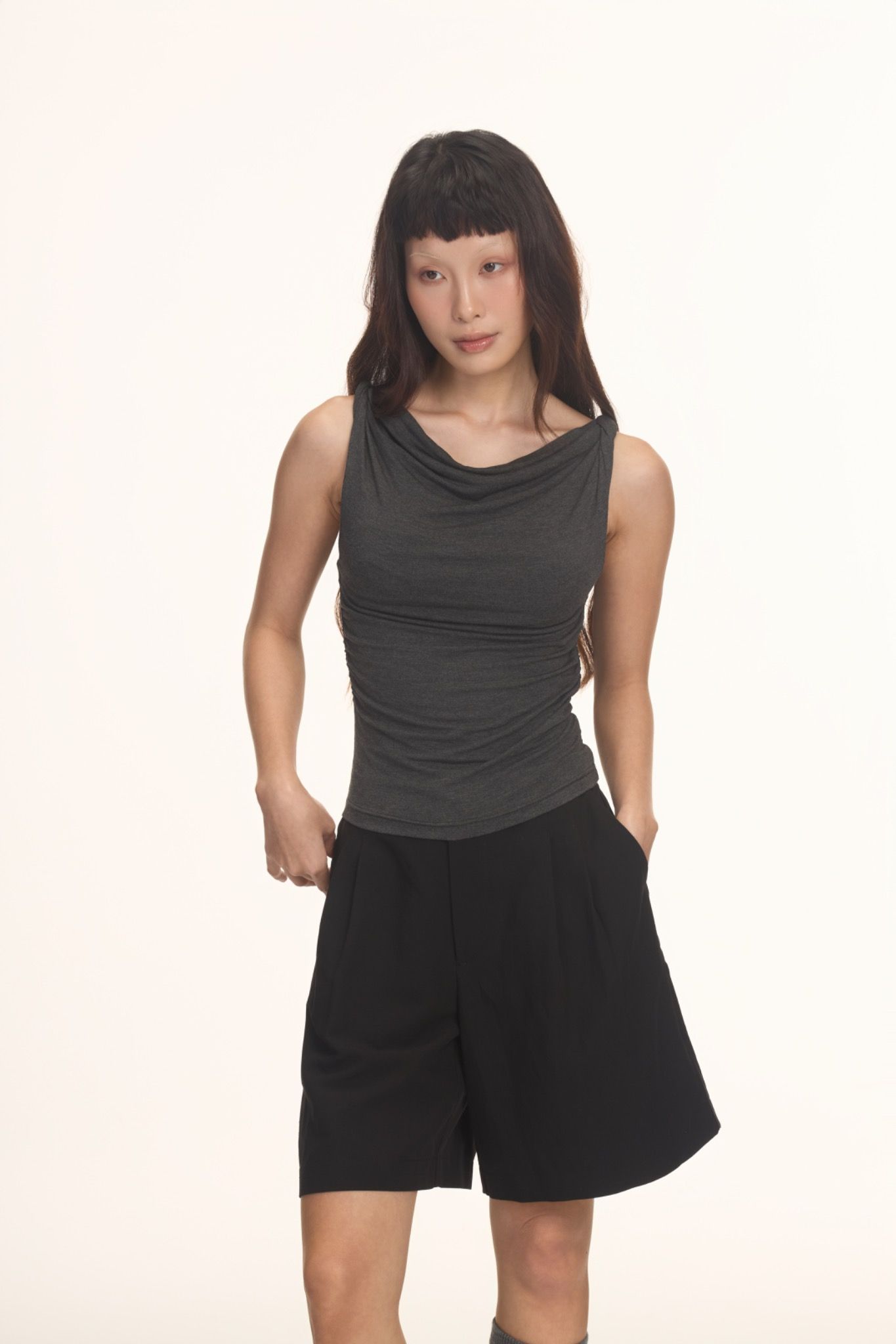 Grey Twist Shoulder Top