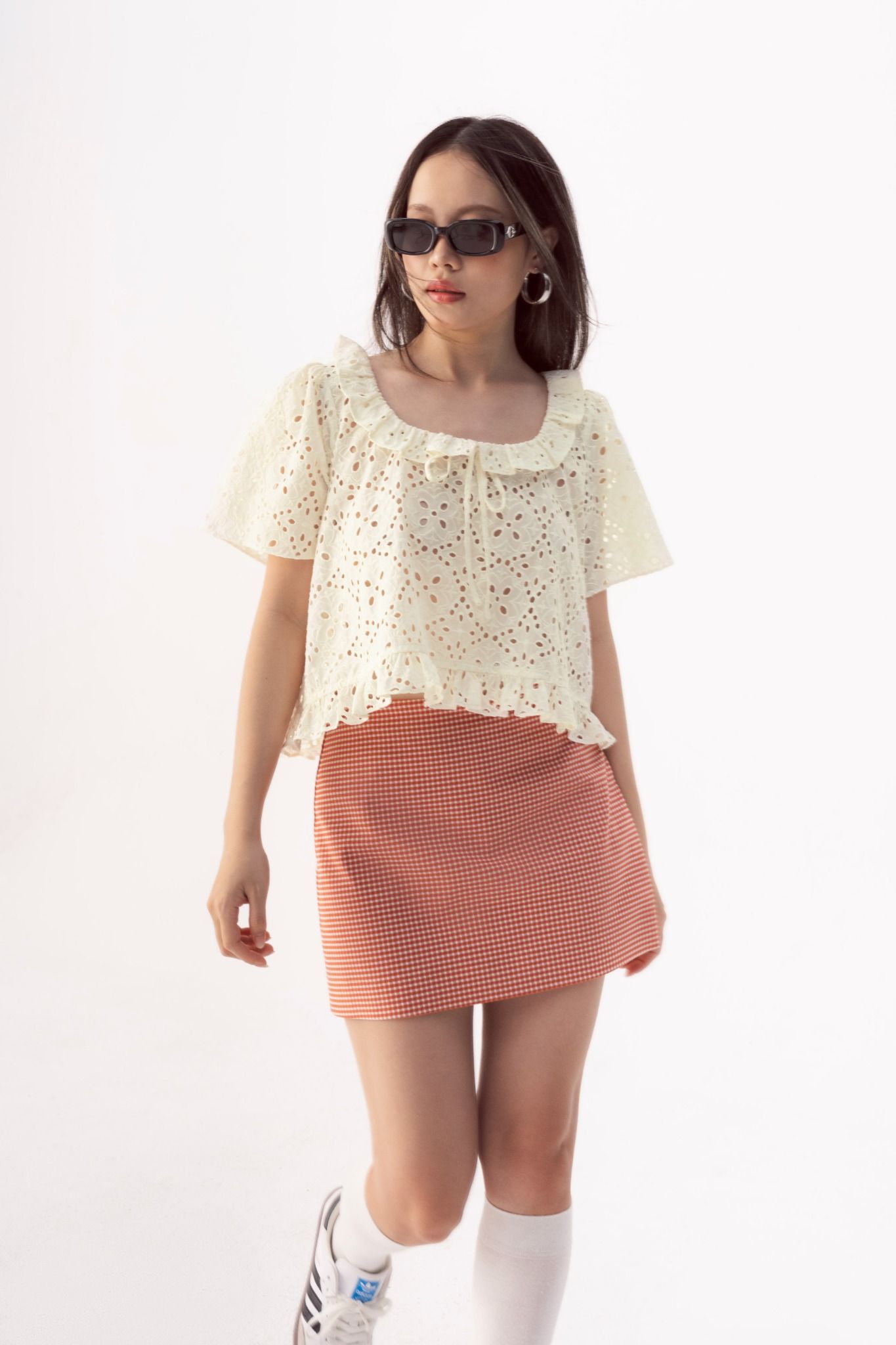  Ivory Ruffle Neckline Eyelet Top 