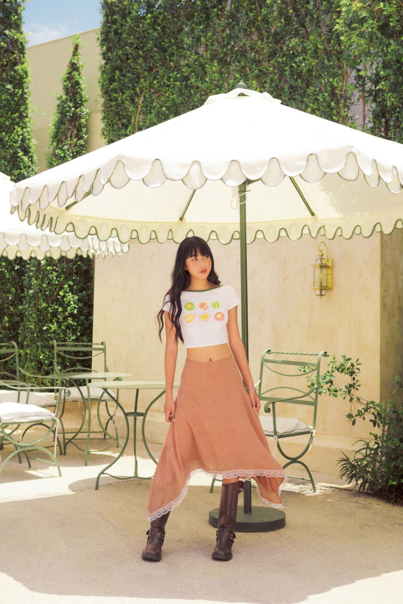 White Tropical Fruits Printed Green Collar Crop Top